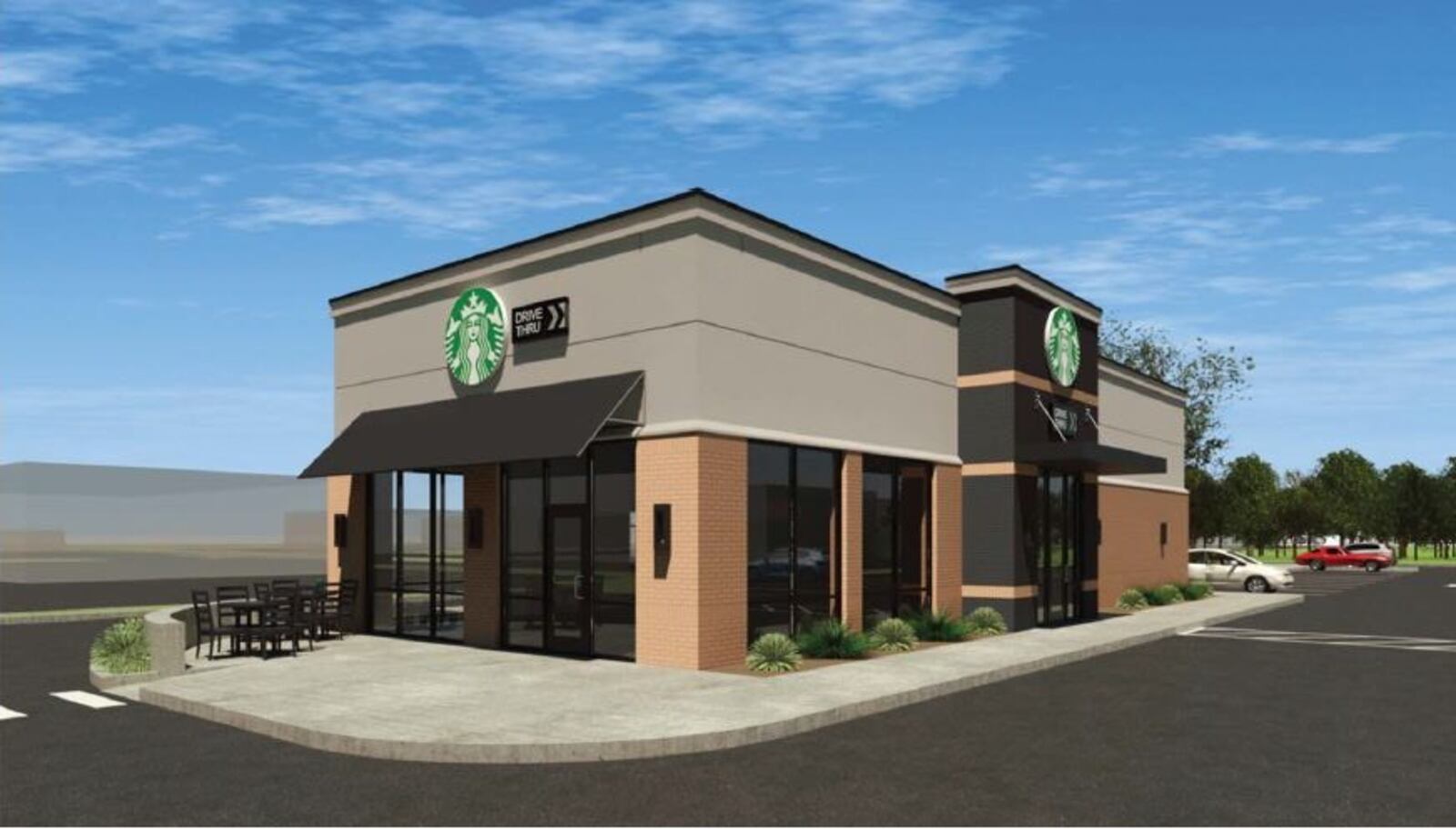 An artist's rendering of the proposed Starbucks coming to Huber Heights, submitted to the city as part of an application for zoning approval.