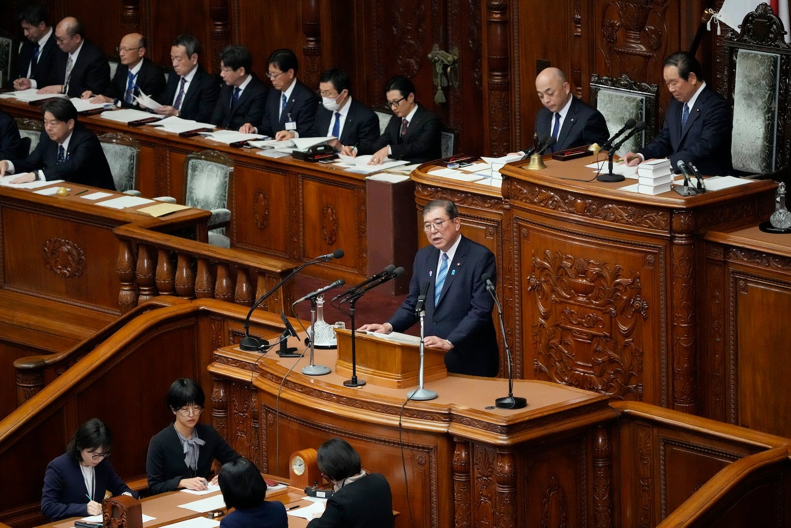 Japan's Prime Minister Shigeru Ishiba delivers a policy speech marking the start of the year's parliamentary session in Tokyo, Friday, Jan. 24, 2025. (AP Photo/Eugene Hoshiko)