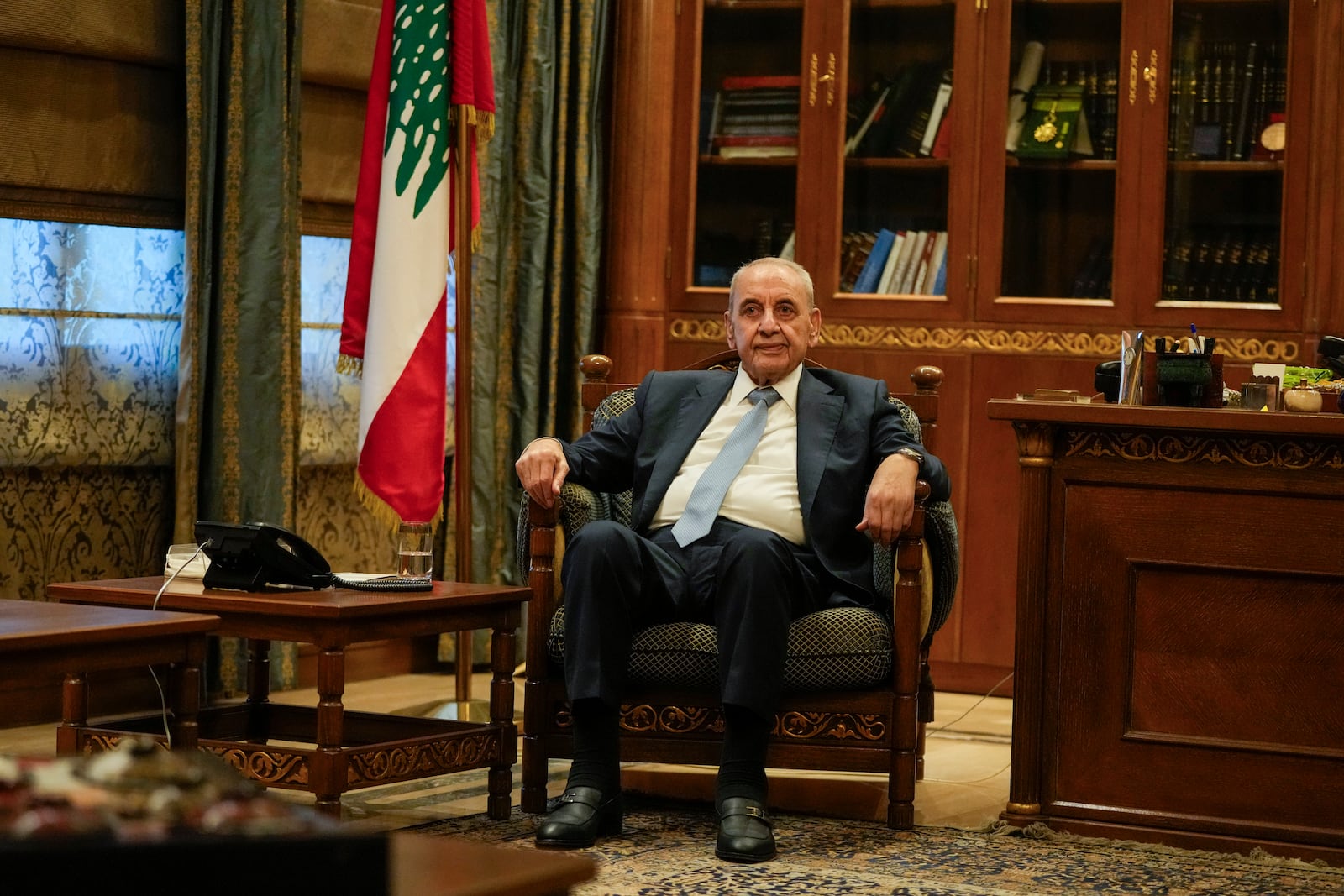 Lebanese Parliament speaker Nabih Berri during his meeting with European Union foreign policy chief Josep Borrell, in Beirut, Lebanon, Sunday, Nov. 24, 2024. (AP Photo/Hassan Ammar)