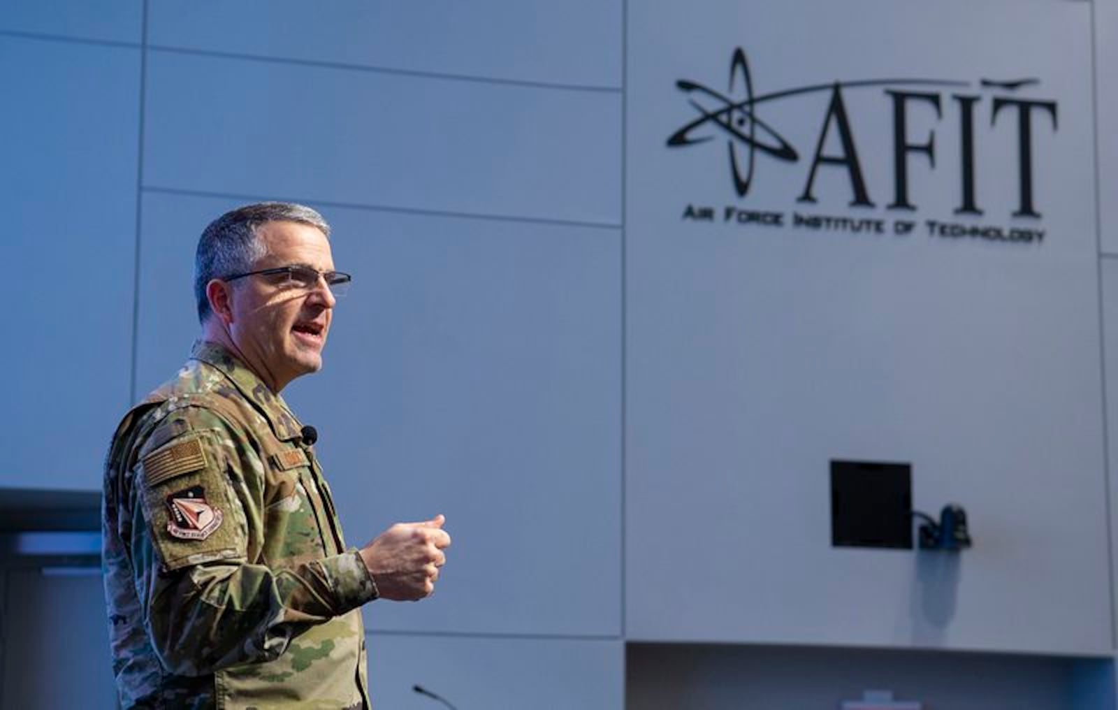 Maj. Gen. William Cooley, who was removed as Air Force Research Laboratory commander in January 2020, gave the keynote presentation at the Air Force Institute of Technology centennial symposium on Wright-Patterson Air Force Base in November 2019. (U.S. Air Force photo by R.J. Oriez)