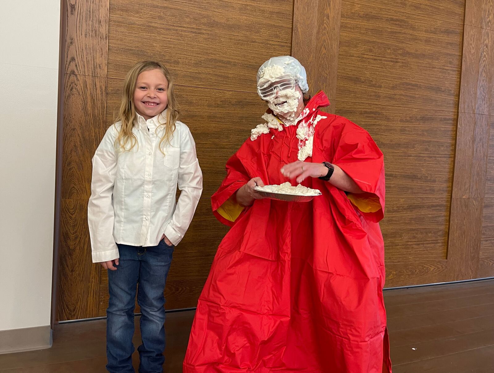 Shawnee Elementary Administrators partnered with the PTO for the Read-A-Thon fundraiser. Students raised over $8,000 in donations, so Guidance Counselor Sue Scott volunteered  to be “pied” in the face during lunch hours. Contributed