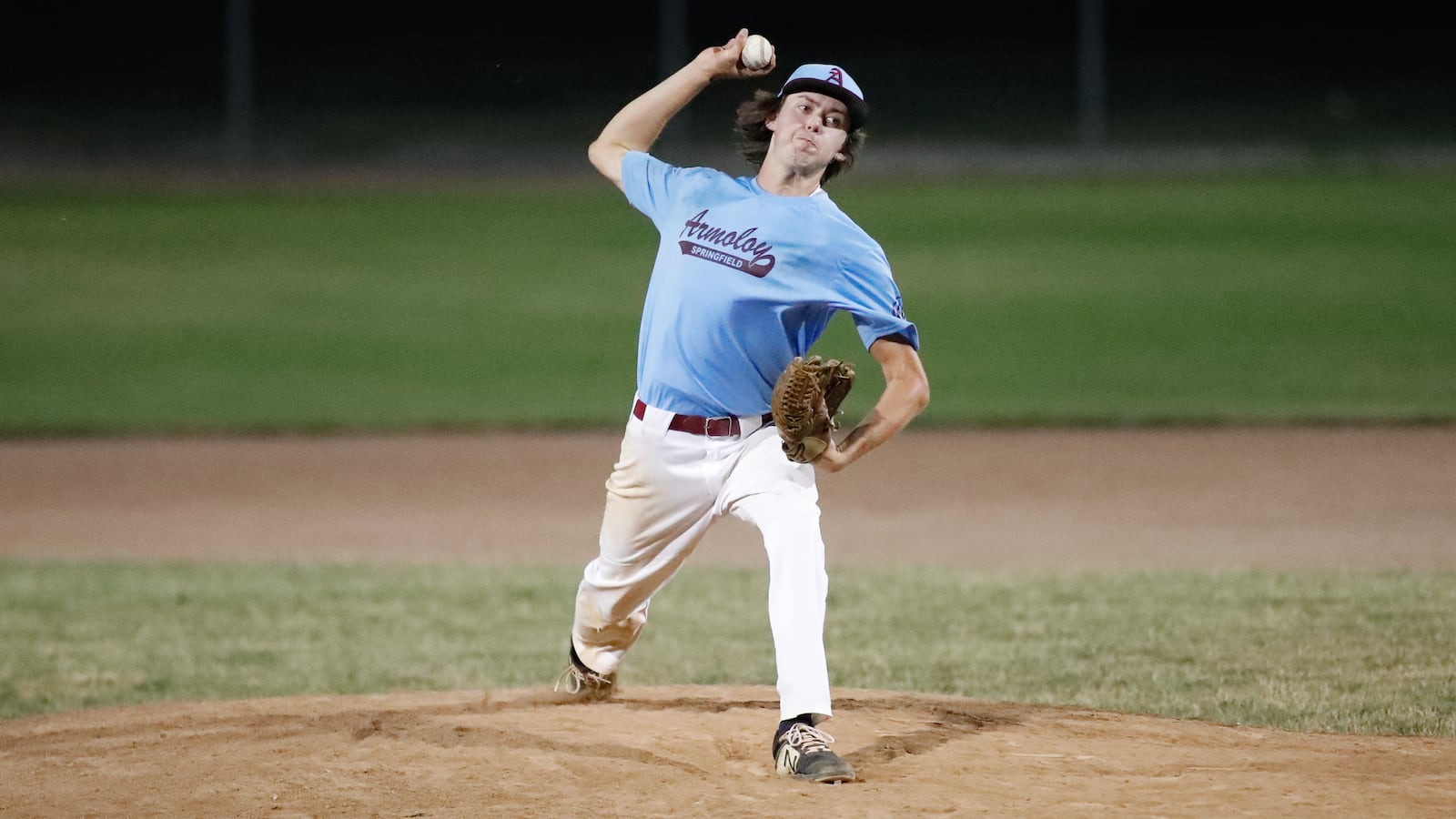 Shawnee High School graduate and Armorloy pitcher Trevor Whalen throws a pitch during their game against the Springfield Warhawks on July 17 at Carleton Davidson Stadium. Michael Cooper/CONTRIBUTED