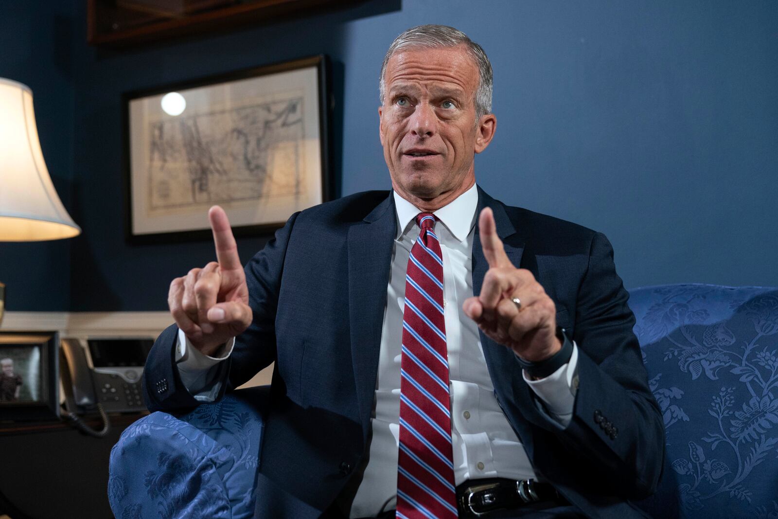 Senate Minority Whip John Thune, R-S.D., speaks during an interview with The Associated Press at the Capitol in Washington, Wednesday, Sept. 11, 2024. (AP Photo/Jose Luis Magana)