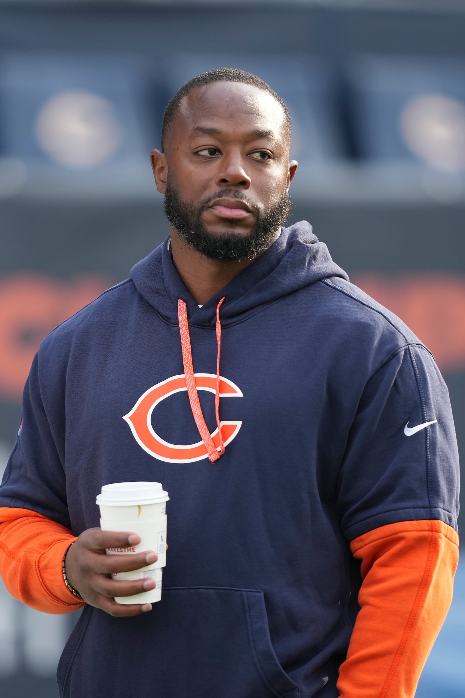 Chicago Bears offensive coordinator Thomas Brown is seen before an NFL football game against the Green Bay Packers Sunday, Nov. 17, 2024, in Chicago. (AP Photo/Charles Rex Arbogast)