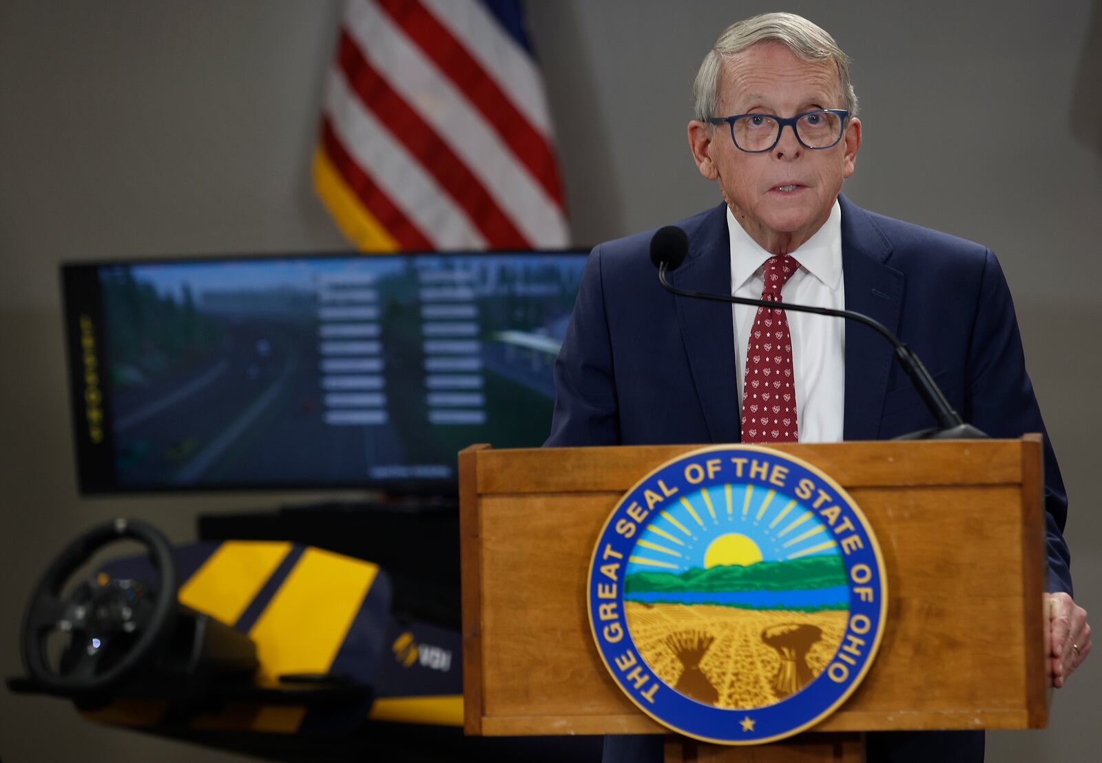 Ohio Governor Mike DeWine along with Dom Tiberi of the Maria Tiberi Foundation announced Thursday, Dec. 5, 2024 at the High Street Church of the Nazarene a new driver training initiative in Clark County. The initiative will primarily focus on teaching members of the migrant population the skills of safe driving. MARSHALL GORBY\STAFF