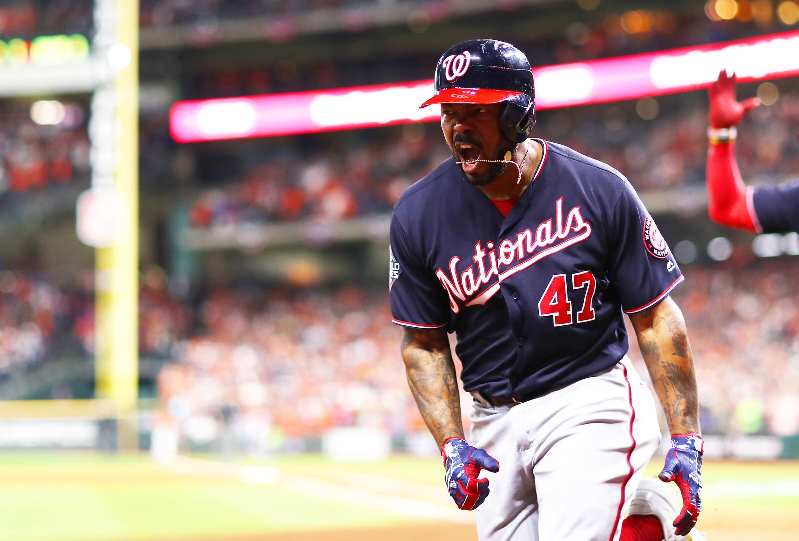 HOUSTON, TEXAS - OCTOBER 30:  Howie Kendrick #47 of the Washington Nationals celebrates his two-run home run against the Houston Astros during the seventh inning in Game Seven of the 2019 World Series at Minute Maid Park on October 30, 2019 in Houston, Texas. (Photo by Mike Ehrmann/Getty Images)