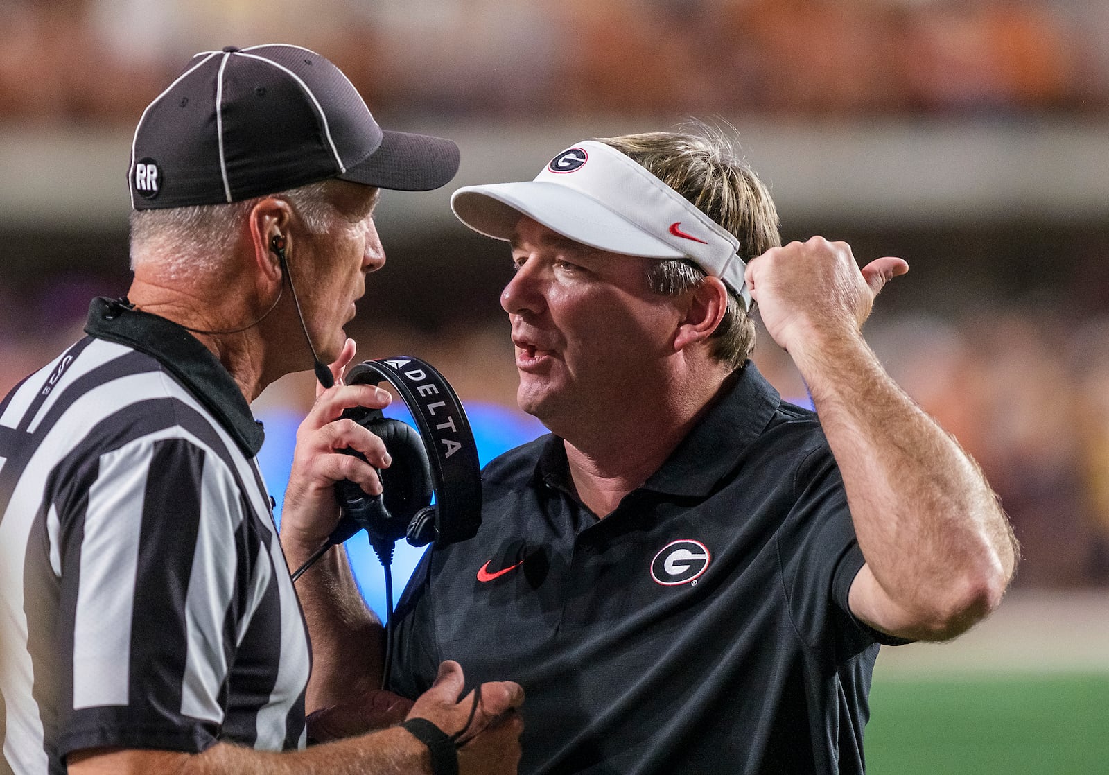 Georgia head coach Kirby Smart argues with an official during a timeout against Texas in the first half of an NCAA college football game held in Austin, Texas, Saturday, Oct. 19, 2024. (AP Photo/Rodolfo Gonzalez)