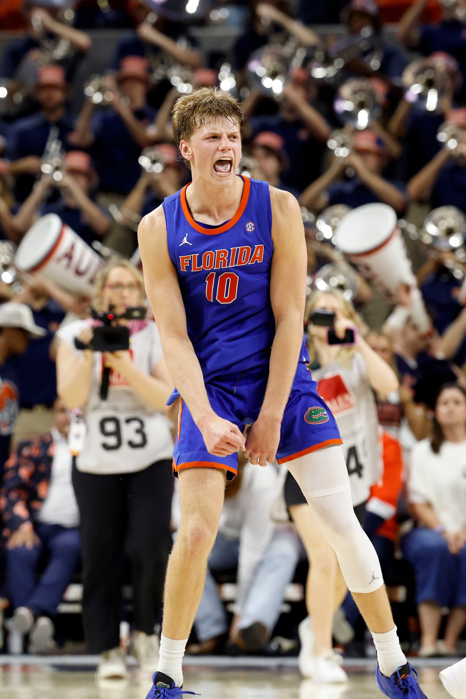 Florida forward Thomas Haugh reacts after a win over Auburn in an NCAA college basketball game, Saturday, Feb. 8, 2025, in Auburn, Ala. (AP Photo/Butch Dill)