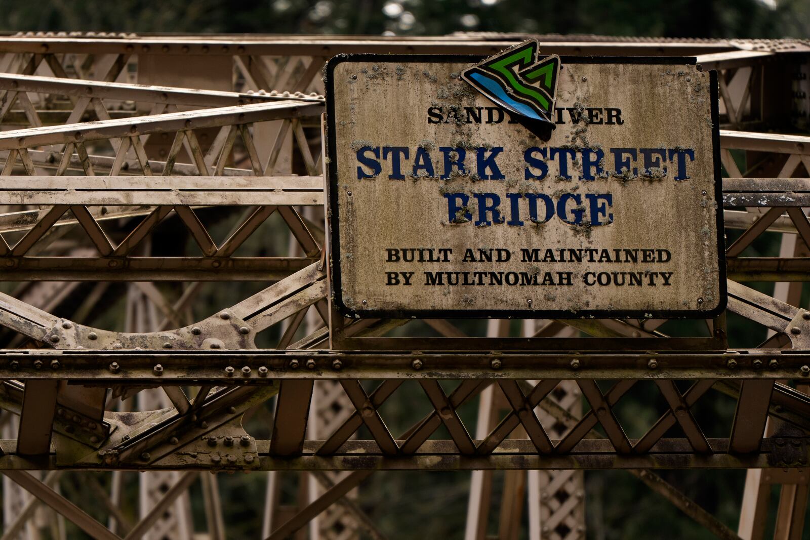 A sign is seen for the Stark Street Bridge as construction continues on the bridge on Thursday, Feb. 6, 2025, in Troutdale, Ore. (AP Photo/Jenny Kane)