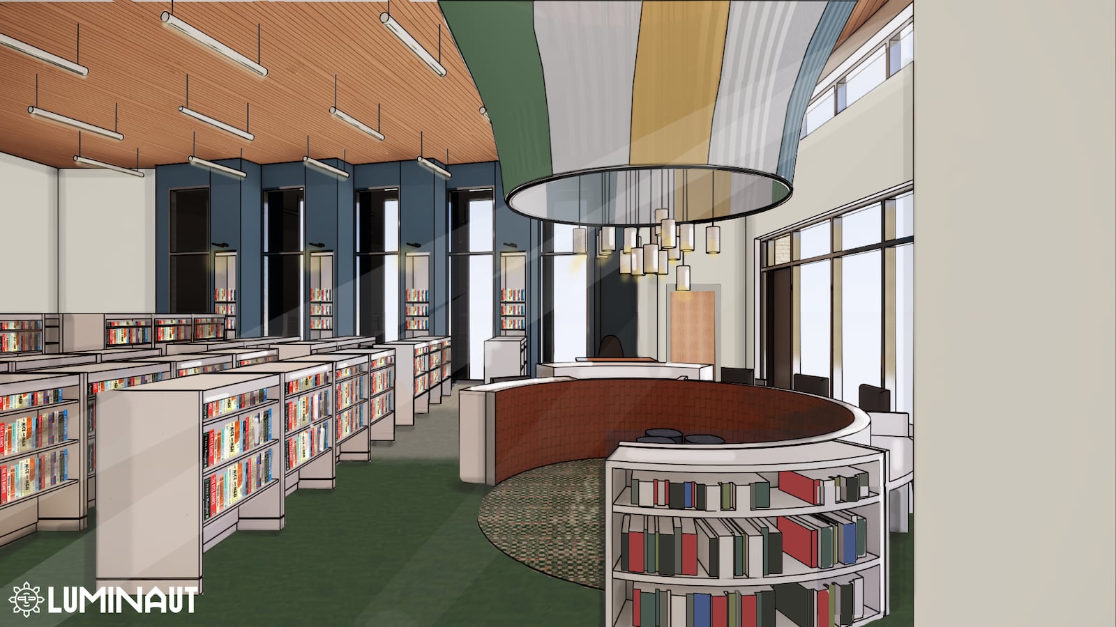 Northridge Library Branch concept design rendering of the detail of the children's area - complete with an imagined hot air balloon and basket reading area. Provided by Luminaut/Contributed by Clark County Public Library