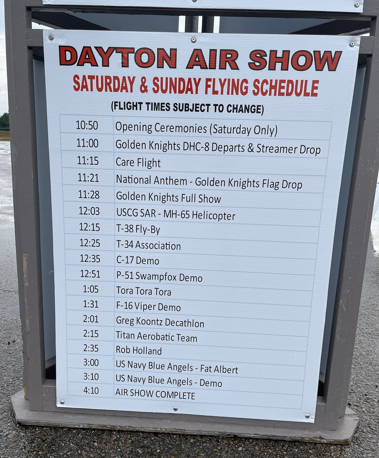 The flying schedule for the 50th Dayton Air Show, on Sunday, June 23, 2024. CORNELIUS  FROLIK / STAFF