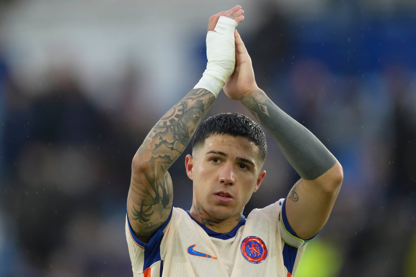 Chelsea's Enzo Fernandez reacts at the end of the English Premier League soccer match between Leicester City and Chelsea at King Power stadium in Leicester, England, Saturday, Nov. 23, 2024. (AP Photo/Dave Shopland)