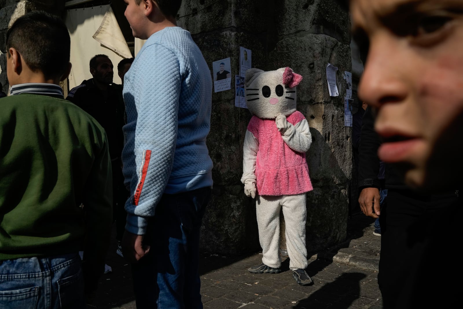 A person disguised as a cat stands in the street near the Umayyad Mosque ahead of Friday prayers in Damascus, Syria, Friday Dec. 20, 2024. 2024.(AP Photo/Leo Correa)