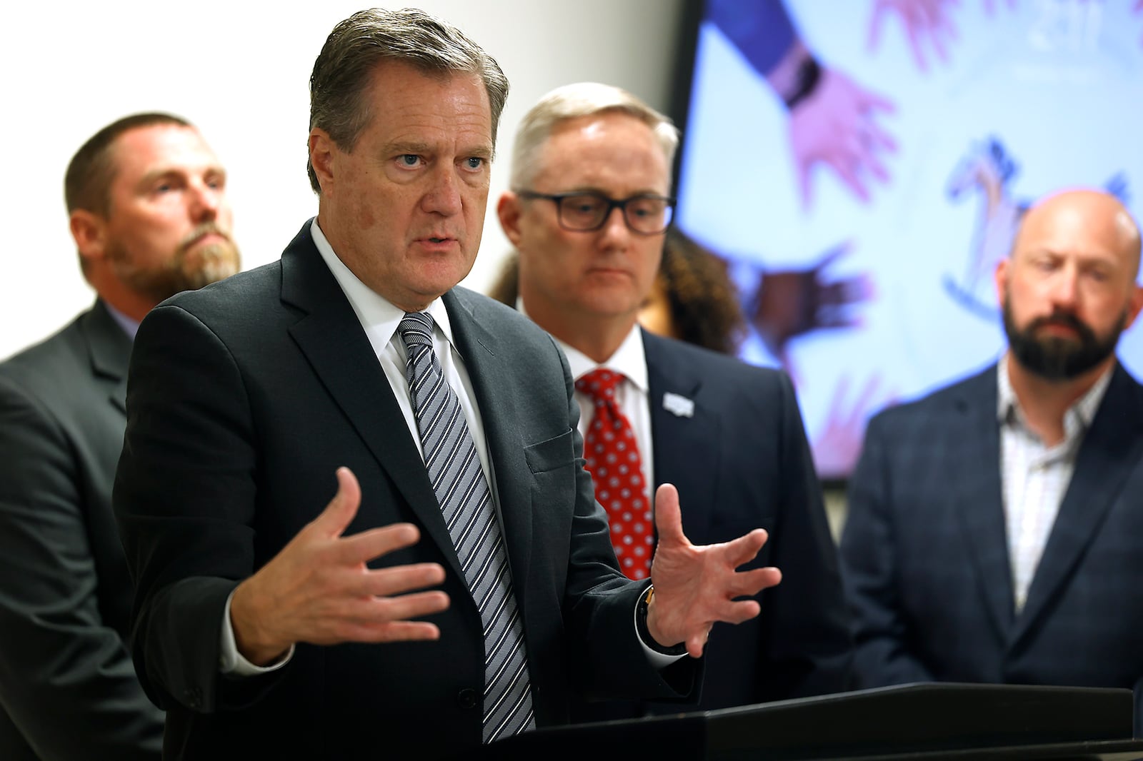 Congressman Mike Turner talks about the City of Springfield's struggles with the large numbers of Haitian immigrants Wednesday, August 7, 2024 following a meeting with city leaders and the executive staff at the Rocking Horse Center. BILL LACKEY/STAFF