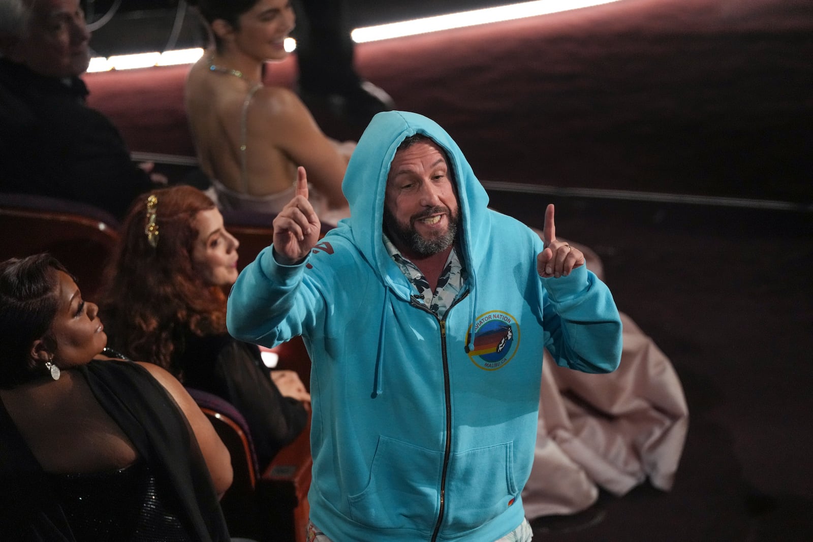 Adam Sandler in the audience during the Oscars on Sunday, March 2, 2025, at the Dolby Theatre in Los Angeles. (AP Photo/Chris Pizzello)