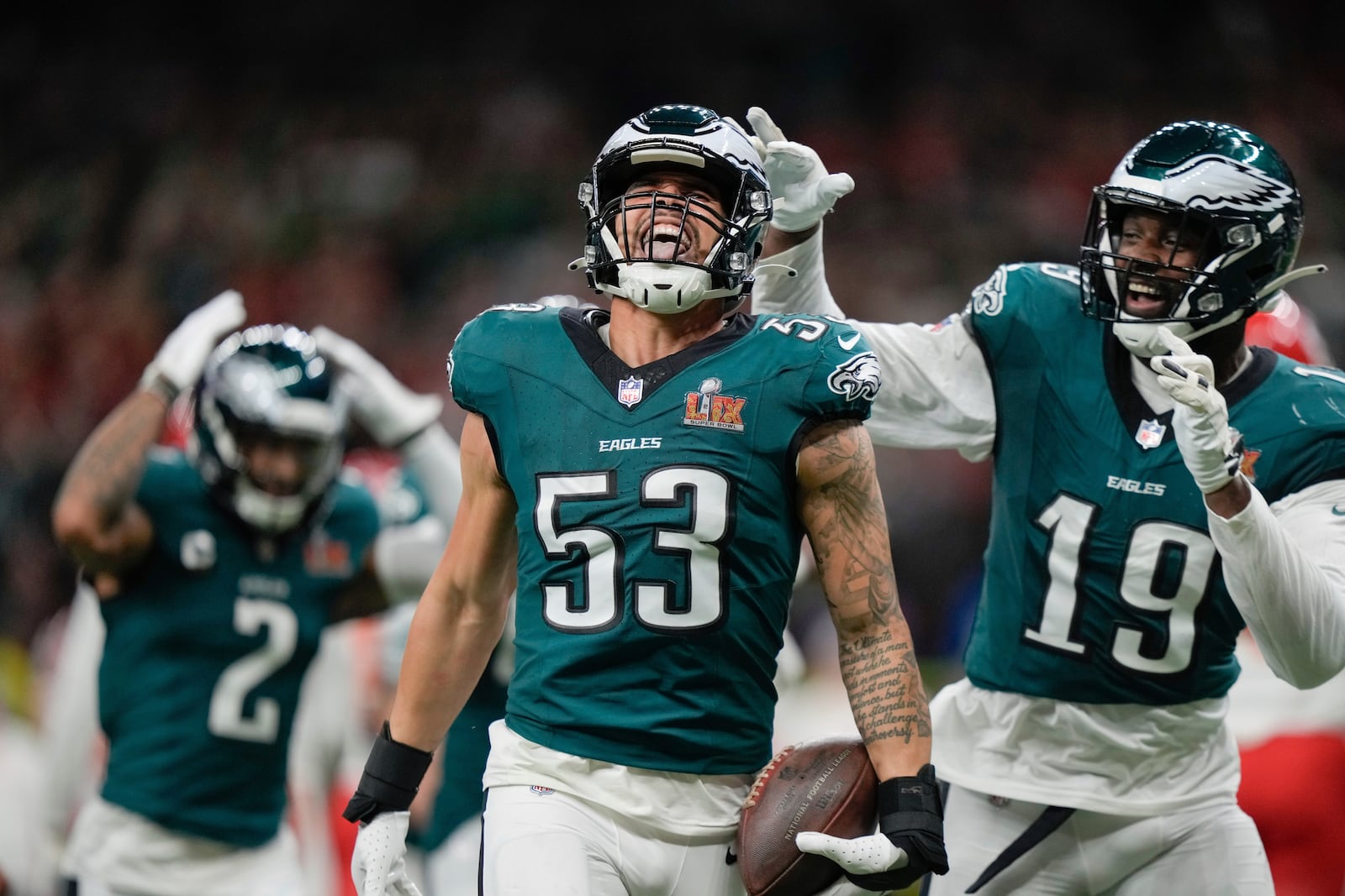 Philadelphia Eagles linebacker Zack Baun (53) celebrates after intercepting a pass during the first half of the NFL Super Bowl 59 football game against the Kansas City Chiefs, Sunday, Feb. 9, 2025, in New Orleans. (AP Photo/Matt Slocum)