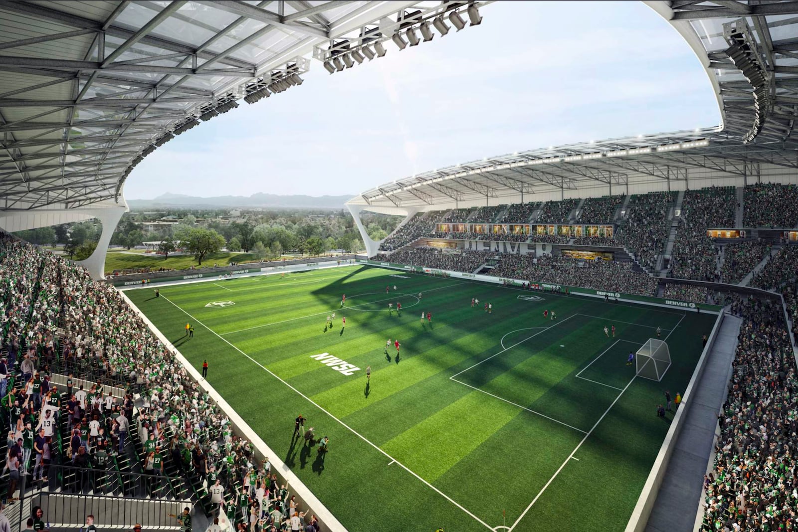 This image provided by the Skylark, shows an artists' rendering of the proposed new stadium for the expansion National Women’s Soccer League team in Denver. (Skylark via AP)