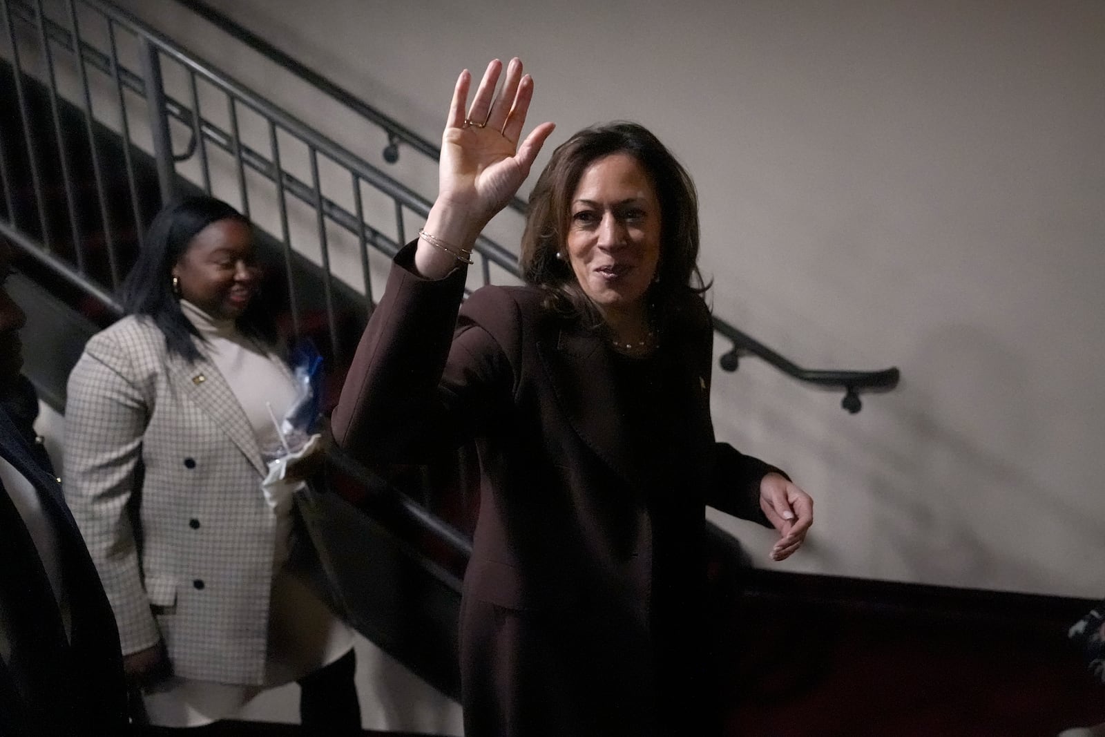 Democratic presidential nominee Vice President Kamala Harris departs after speaks during a service at the Church of Christian Compassion, Sunday, Oct. 27, 2024, in Philadelphia. (AP Photo/Susan Walsh)