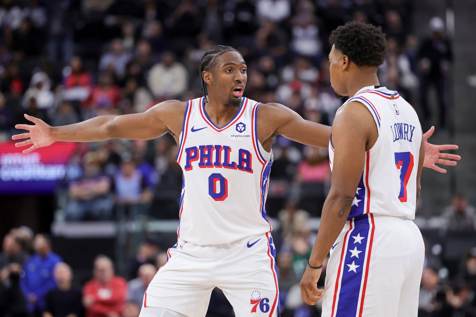 Philadelphia 76ers guard Tyrese Maxey, left, reacts next to guard Kyle Lowry during the second half of an NBA basketball game, Wednesday, Nov. 6, 2024, in Inglewood, Calif. (AP Photo/Ryan Sun)