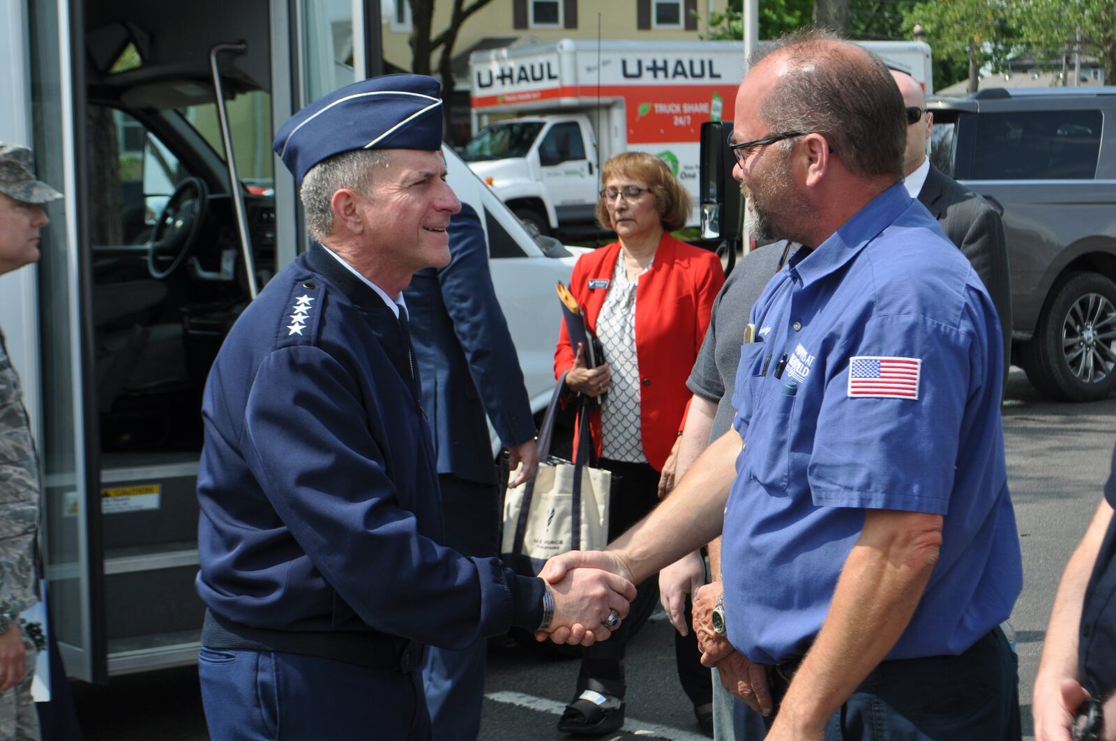 Gen. David Goldfein, Air Force chief of staff, visited the Prairies at Wright Field on Friday. The housing neighborhood for Wright-Patterson Air Force Base personnel was damaged in a tornado Monday night. Goldfein met a family that was displaced by the tornado and with first responders.