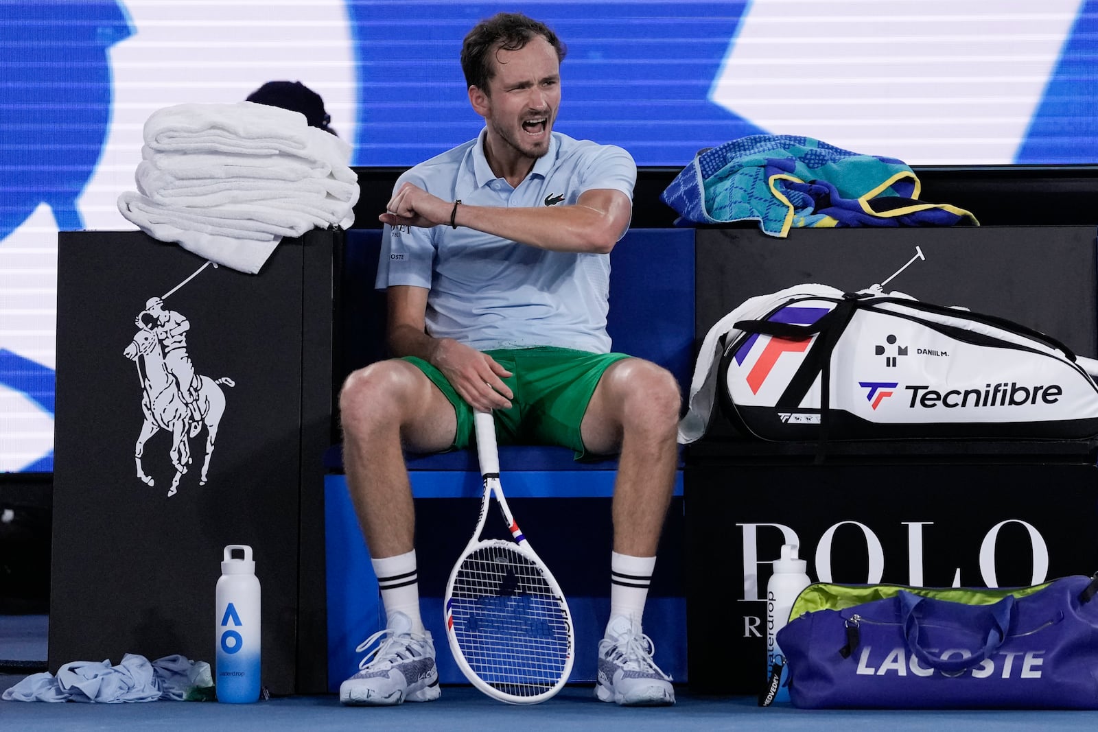 Daniil Medvedev of Russia reacts during his second round match against Learner Tien of the U.S. at the Australian Open tennis championship in Melbourne, Australia, Thursday, Jan. 16, 2025. (AP Photo/Ng Han Guan)