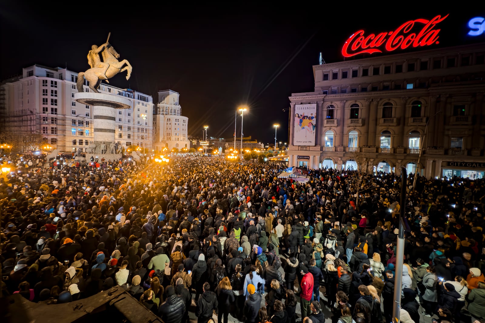 Thousands gather in protest for the victims of a massive nightclub fire in the town of Kocani, in Skopje, North Macedonia, Tuesday, March 18, 2025. (AP Photo/Florent Bajrami)