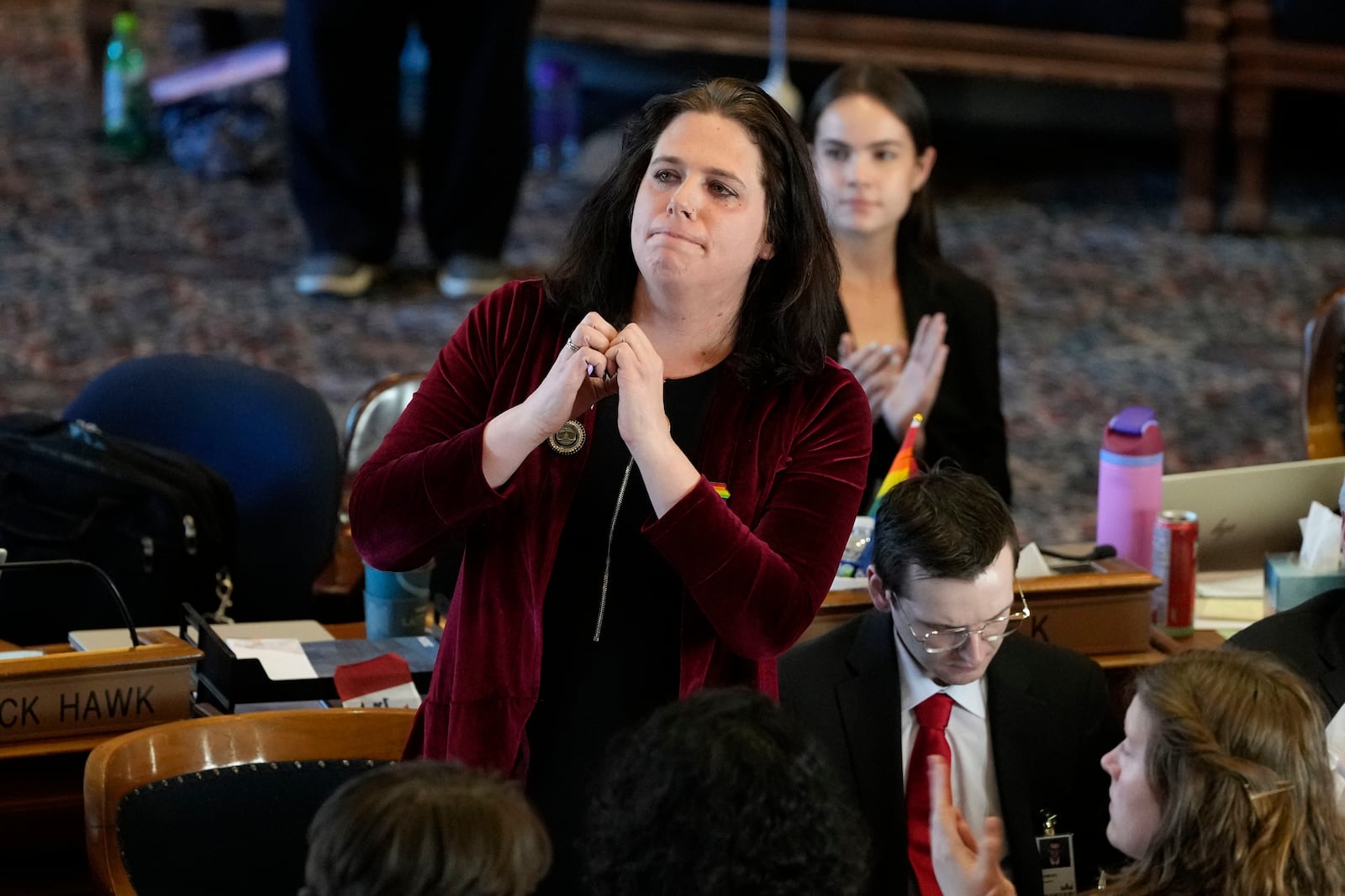 Rep. Aime Wichtendahl, D-Hiawatha, reacts to the gallery after speaking during debate on the gender identity bill, Thursday, Feb. 27, 2025, at the Statehouse in Des Moines, Iowa. (AP Photo/Charlie Neibergall)