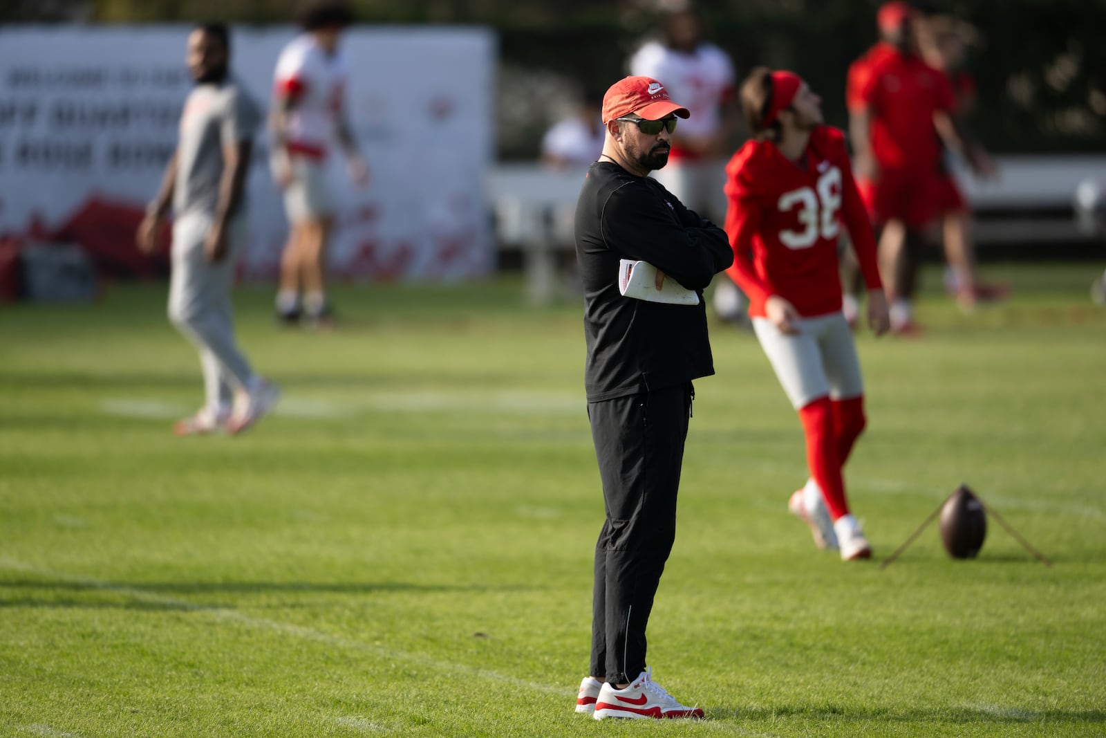 Ohio State head coach Ryan Day looks on during practice in Carson, Calif., Monday, Dec. 30, 2024, ahead of Wednesday's Rose Bowl College Football Playoff against Oregon. (AP Photo/Kyusung Gong)