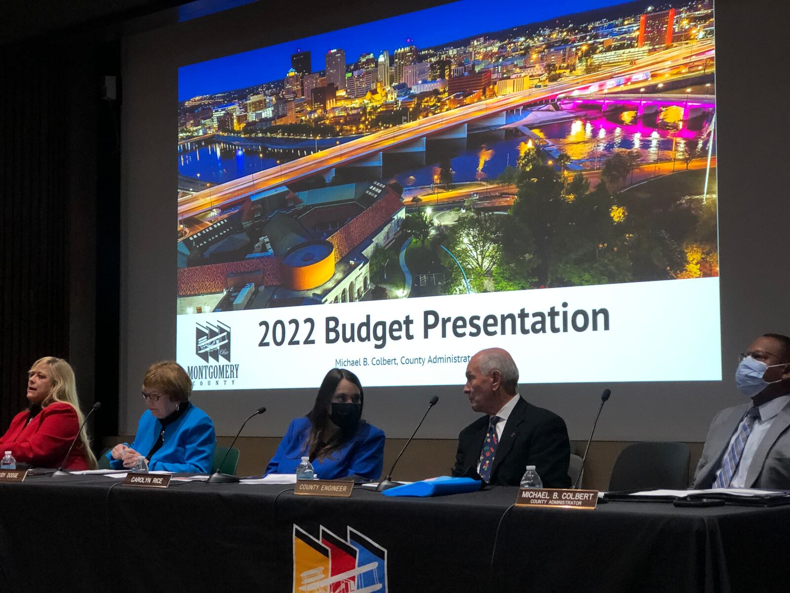 From left, Montgomery County commissioners Debbie Lieberman, Judy Dodge and Carolyn Rice discuss the county budget presentation Tuesday with county engineer Paul Gruner and county administrator Michael Colbert. CORNELIUS FROLIK / STAFF