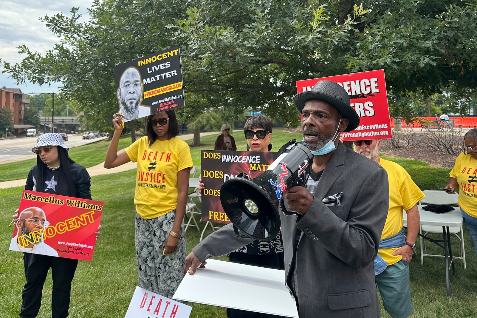 FILE - Joseph Amrine, who was exonerated two decades ago after spending years on death row, speaks at a rally to support Missouri death row inmates Marcellus Williams on Aug. 21, 2024, in Clayton, Mo. (AP Photo/Jim Salter, file)