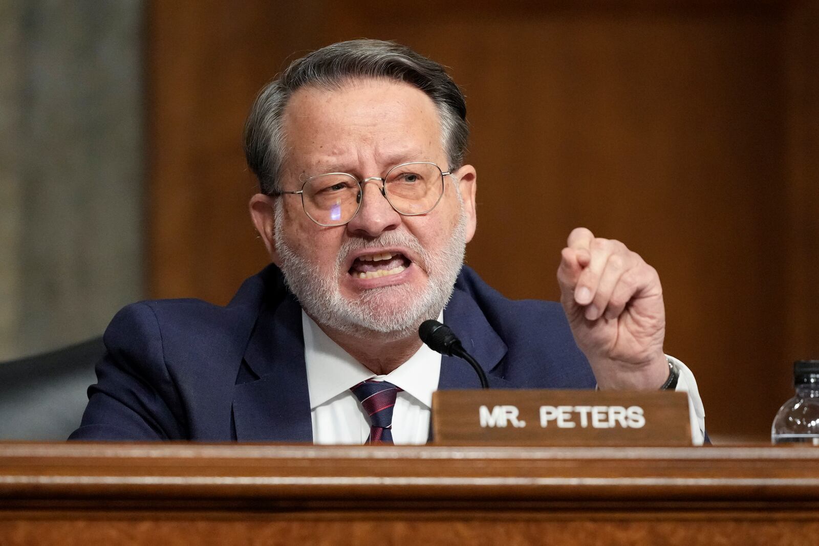 Sen. Gary Peters, D-Mich., speaks during the Senate Armed Services Committee confirmation hearing for Pete Hegseth, President-elect Donald Trump's choice to be Defense secretary, at the Capitol in Washington, Tuesday, Jan. 14, 2025. (AP Photo/Ben Curtis)