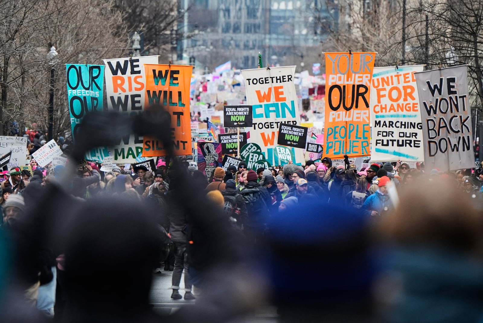 People march in the People's March, Saturday, Jan. 18, 2025, in Washington. (AP Photo/Mike Stewart)