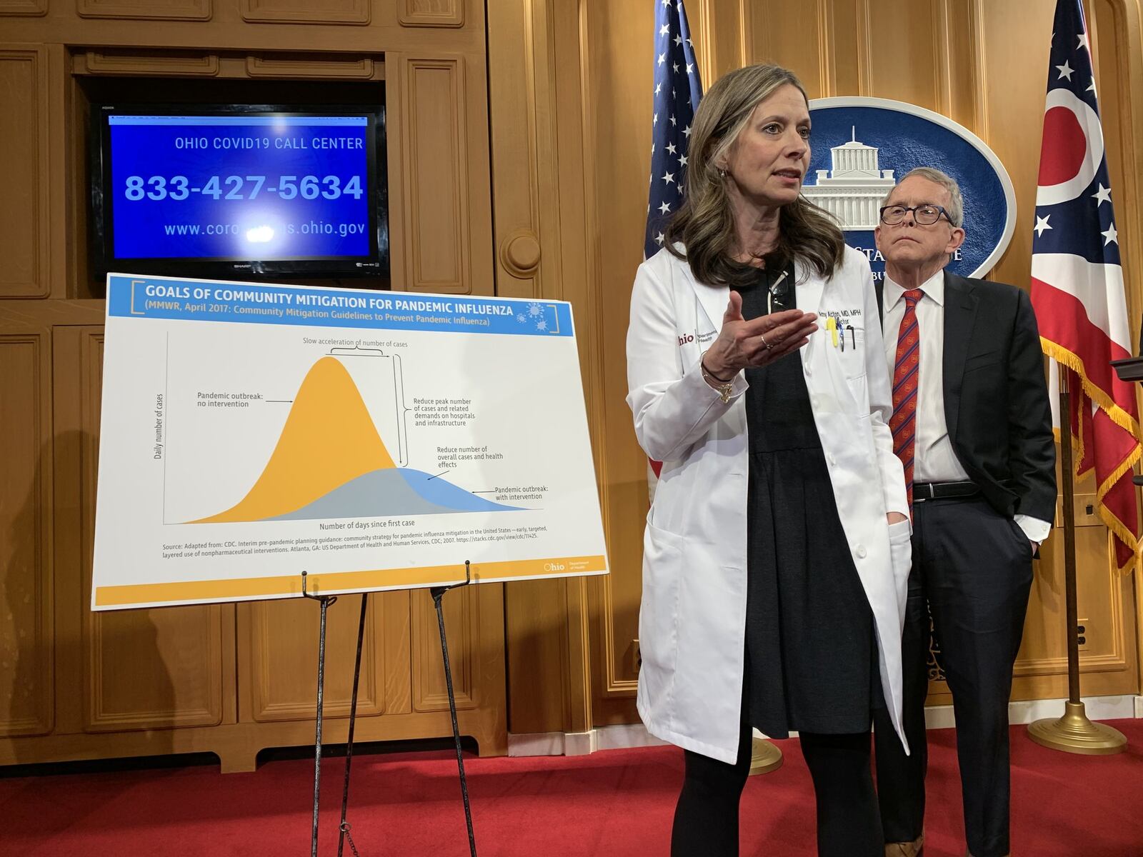 Dr. Amy Acton, director of the Ohio Department of Health, and Gov. Mike DeWine gave an update Wednesday afternoon on the importance of the state’s coronavirus outbreak mitigation efforts. LAURA BISCHOFF/STAFF