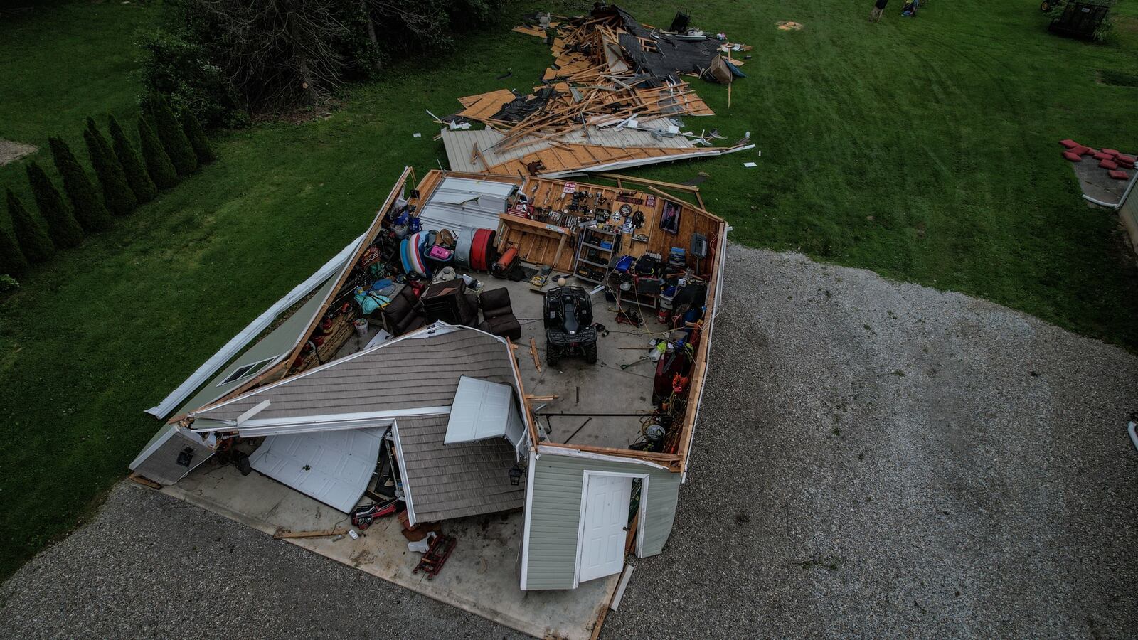 An outbuilding in the 1600 block of Shawhan Road in Warren County was destroyed by one of five twisters that spread across the rural area Tuesday night, May 7, 2024. Jim Noelker/Staff