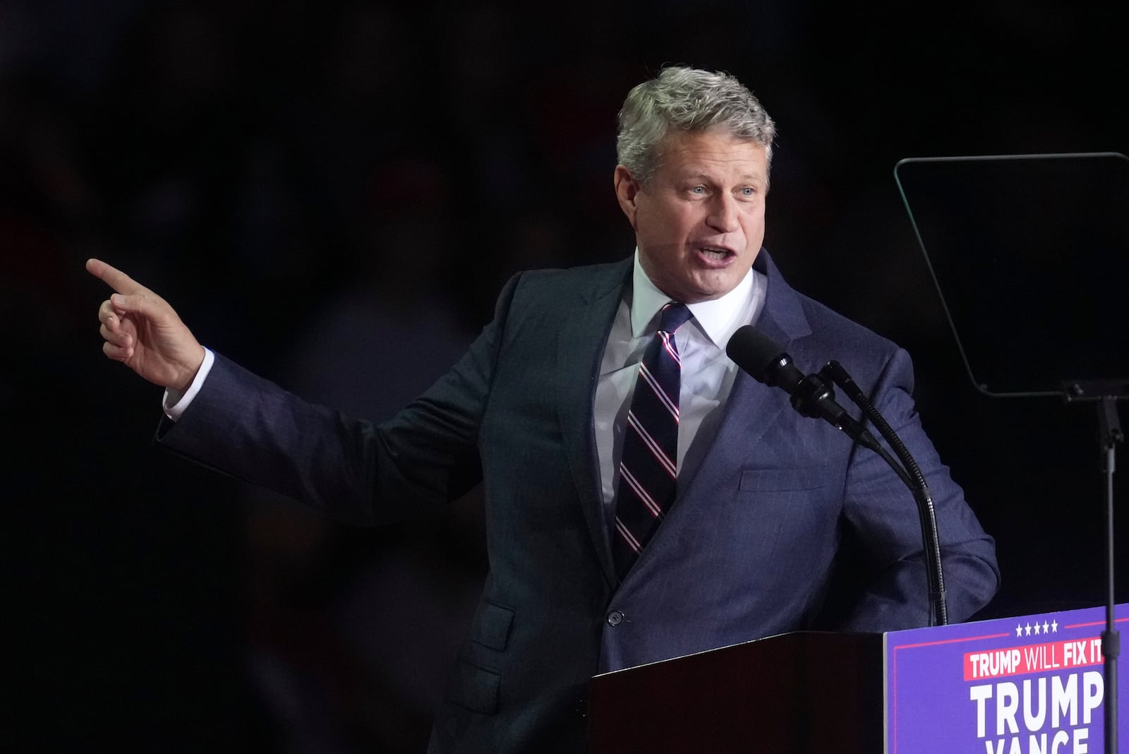 FILE - Rep. Bill Huizenga, R-Mich., speaks before Republican presidential nominee former President Donald Trump arrives at a campaign rally at Van Andel Arena, Nov. 4, 2024, in Grand Rapids, Mich. (AP Photo/Paul Sancya, File)