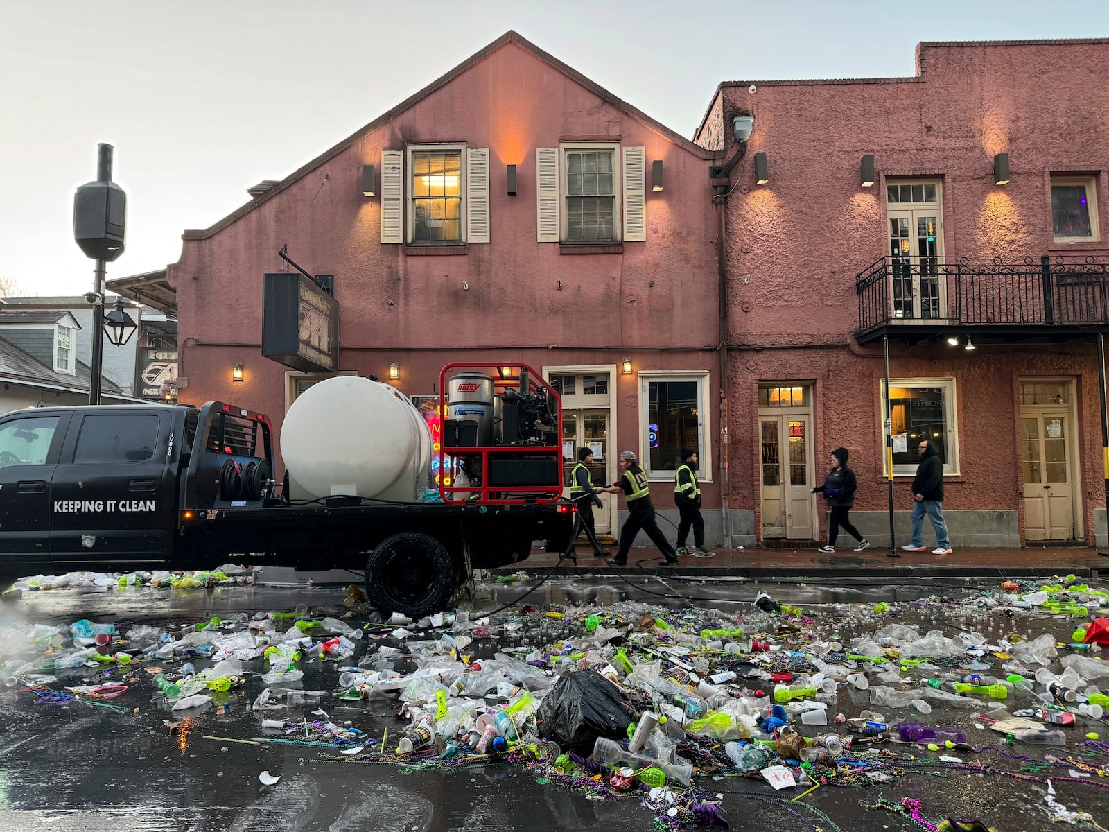 Waste from Mardi Gras awaiting collection in the French Quarter of New Orleans, on Ash Wednesday, March 5, 2025. (AP Photo/Jack Brook)