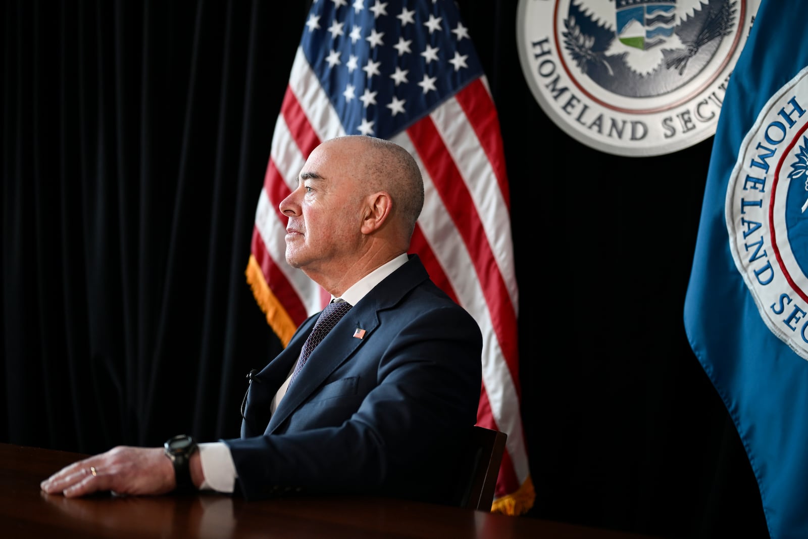 Outgoing Homeland Security Secretary Alejandro Mayorkas during a press interview on Friday, Jan. 10, 2025, in Washington. (AP Photo/John McDonnell)