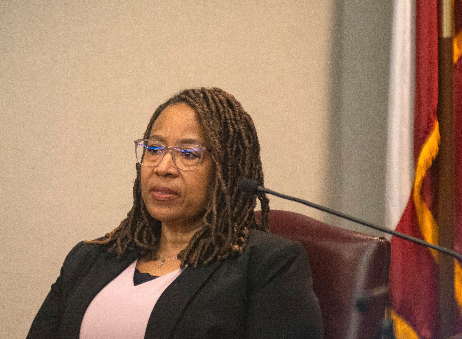 Karen Crittendon, who formerly handled conflicts of interest with the Georgia Attorney General’s office, testifies Thursday, Jan. 30, 2025, in Brunswick, Ga., about former Brunswick Judicial Circuit District Attorney Jackie Johnson’s recusal of her office in the investigation of the shooting death of Ahmaud Arbery. (Terry Dickson/The Brunswick News via AP, Pool)