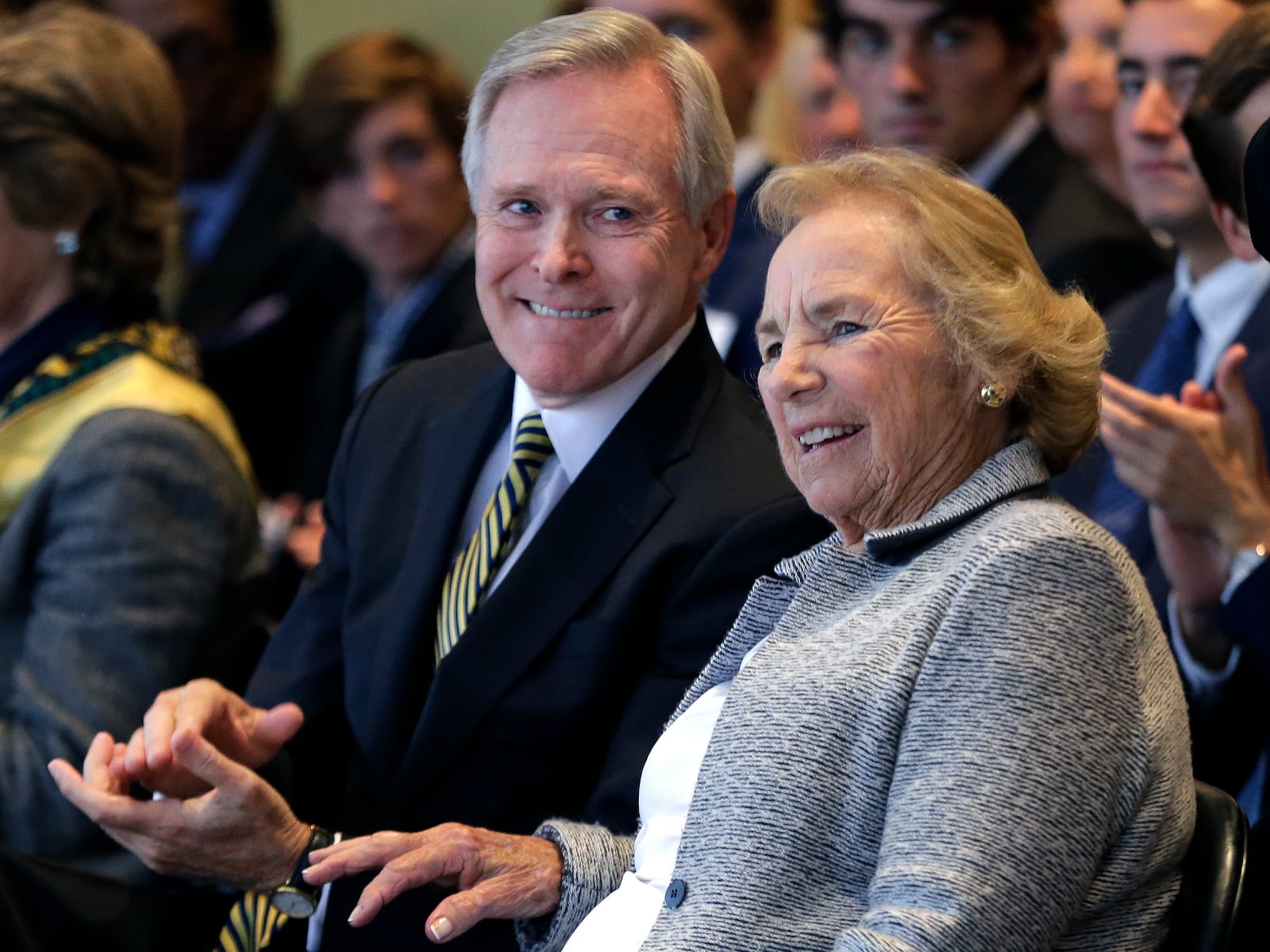 FILE - Navy Secretary Ray Mabus smiles with Ethel Kennedy, widow of Sen. Robert F. Kennedy, at the naming of the Robert F. Kennedy Navy Ship at the John F. Kennedy Presidential Library, Tuesday, Sept. 20, 2016, in Boston. Ships in this class are being named in honor of civil and human rights heroes. (AP Photo/Elise Amendola, File)