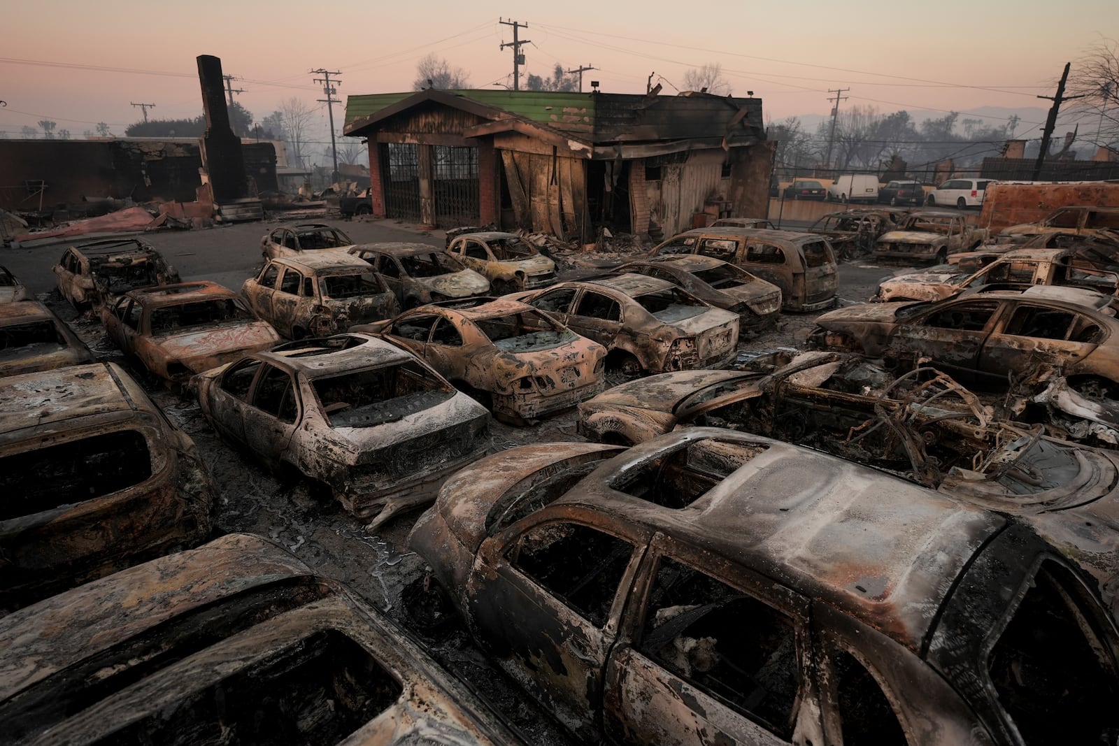 Cars are left charred inside a dealership in the aftermath of the Eaton Fire on Friday, Jan. 10, 2025, in Altadena, Calif. (AP Photo/Jae C. Hong)