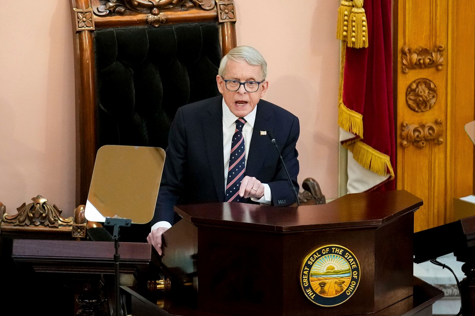 Ohio Gov. Mike DeWine gives the State of the State address in the Ohio House chambers at the Ohio Statehouse on Wednesday, March 12, 2025, in Columbus, Ohio. (Samantha Madar/The Columbus Dispatch via AP, Pool)