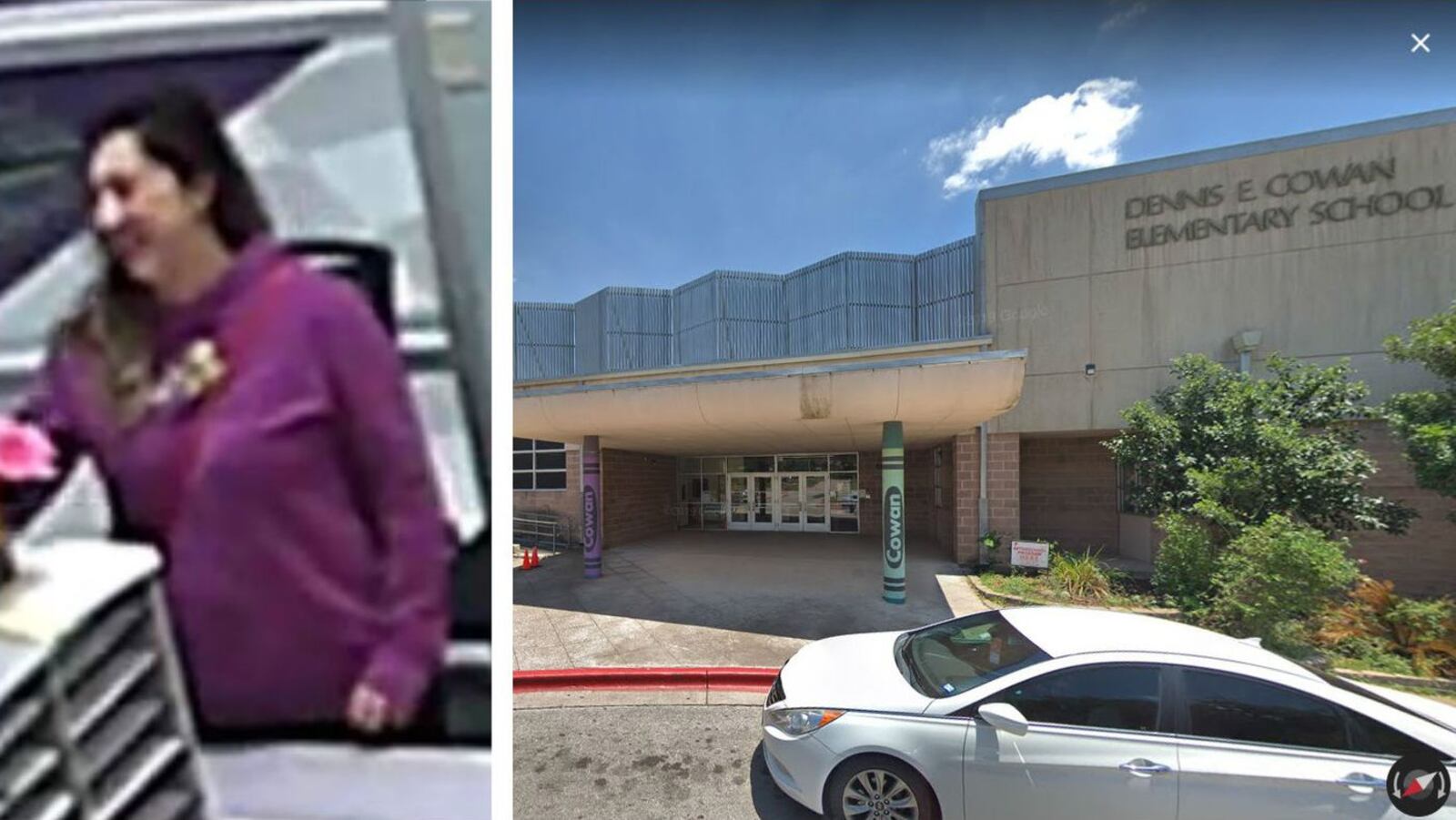 At left is surveillance footage of Heidi Broussard, 33, shot the morning of Thursday, Dec. 12, 2019, at Cowan Elementary School in Austin, Texas, pictured at right in a May 2018 Street View image. Broussard, who was last seen dropping her son off at school that day, and her 3-week-old daughter, Margot Carey, both disappeared sometime later that morning. (Austin Police Department, Google)