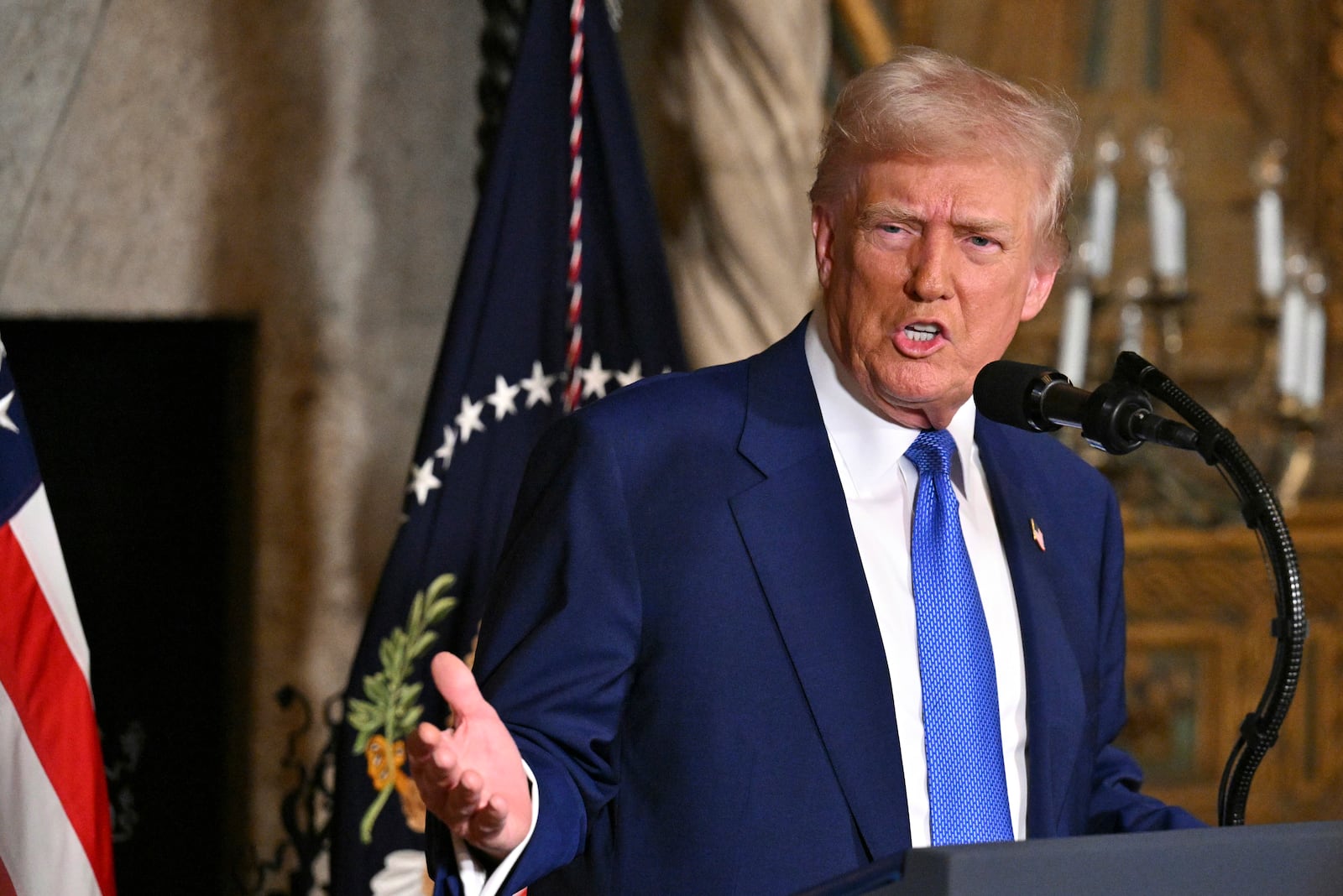 President Donald Trump speaks at Mar-a-Lago in Palm Beach, Fla., Tuesday, Feb. 18, 2025. (Pool via AP)