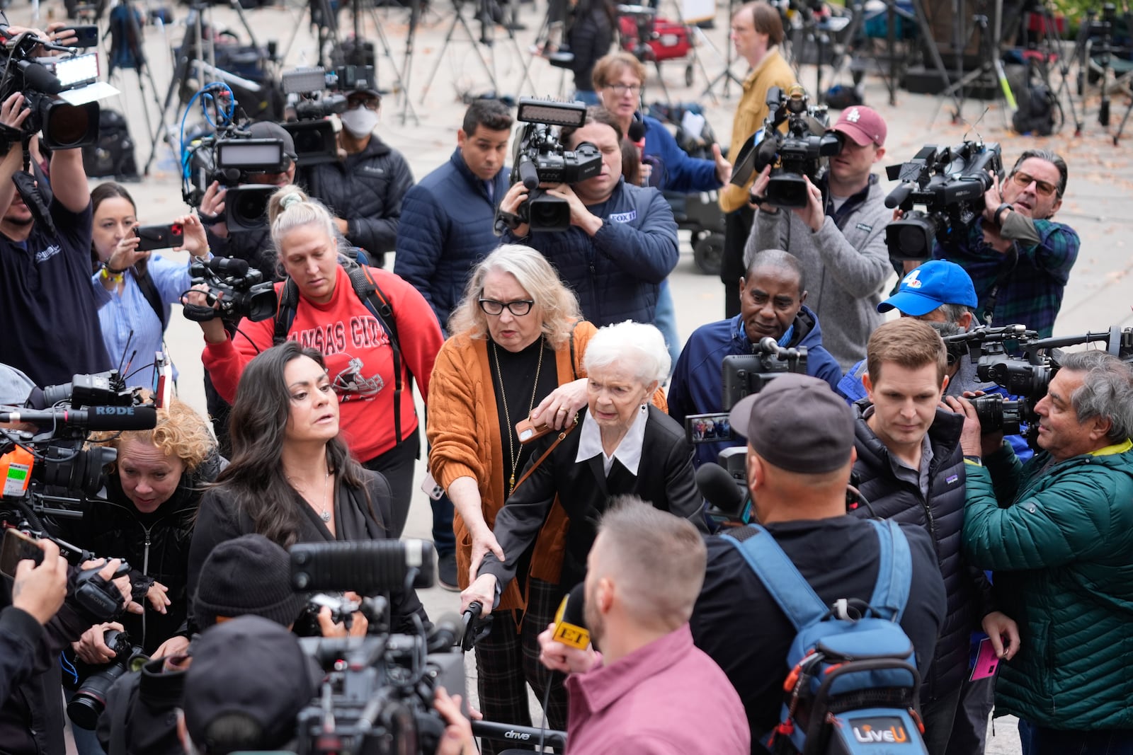 Erik and Lyle Menendez's aunt Joan VanderMolen, center, arrives to attend a hearing at the Van Nuys courthouse in Los Angeles, Monday, Nov. 25, 2024. (AP Photo/Damian Dovarganes)