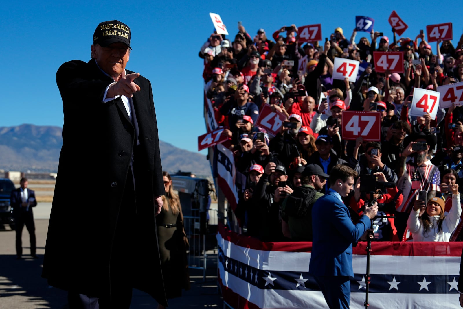 Republican presidential nominee former President Donald Trump arrives at a campaign rally at Albuquerque International Sunport, Thursday, Oct. 31, 2024, in Albuquerque, N.M. (AP Photo/Julia Demaree Nikhinson)