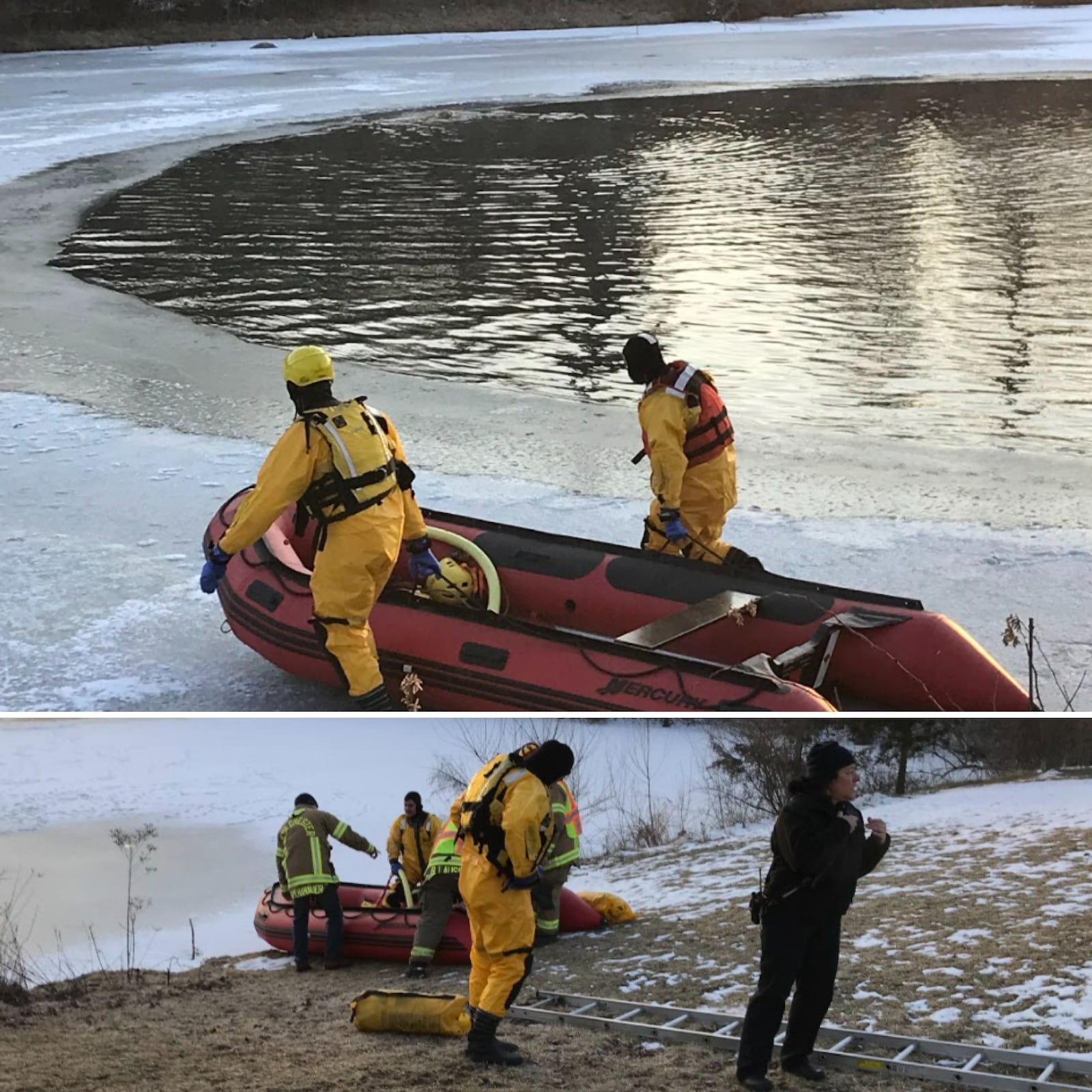 West Chester Fire Department crews rescued a dog in danger on a frozen pond near Lesourdsville - West Chester Road on Jan. 31. SUBMITTED