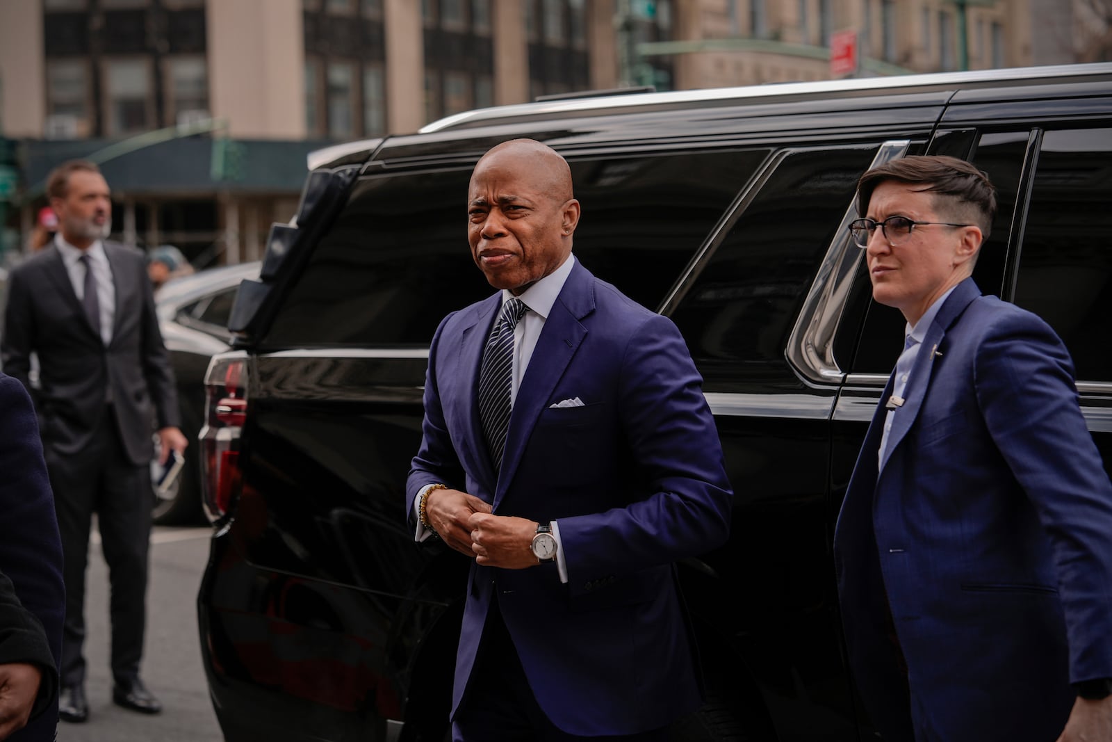 New York City Mayor Eric Adams arrives to court, Wednesday, Feb. 19, 2025, in New York. (AP Photo/Julia Demaree Nikhinson)