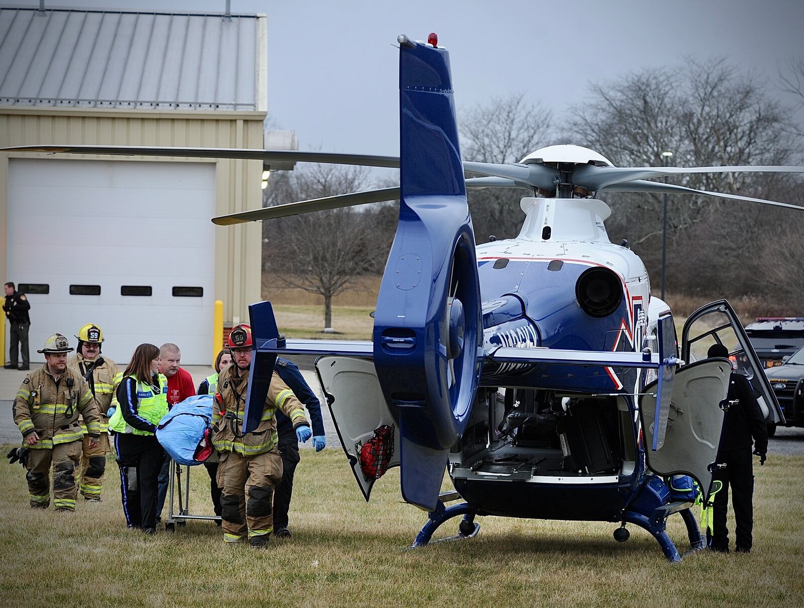 A man who was stabbed by a member of his family was transported to a medical helicopter at the Hustead Fire Department Thursday, Jan. 5, 2023. MARSHALL GORBY \STAFF