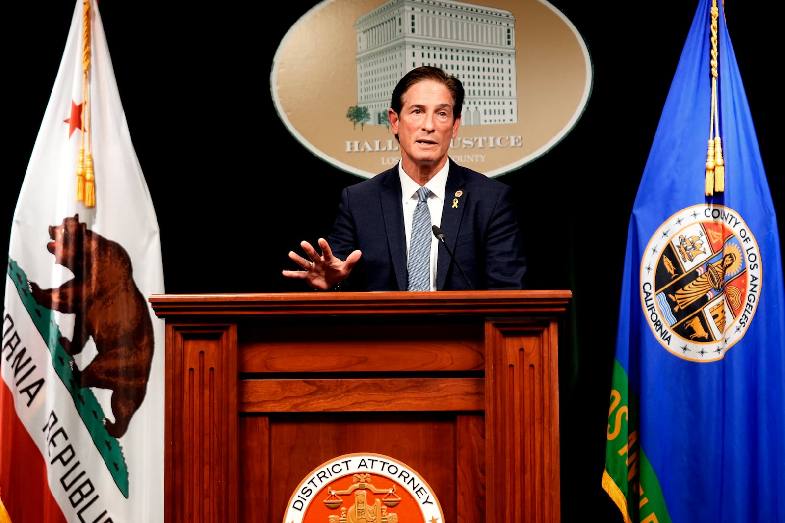 Los Angeles County District Attorney Nathan Hochman talks about the resentencing of Erik and Lyle Menendez for the murders of their parents decades ago during a news conference in downtown Los Angeles, Friday, Jan. 3, 2025. (AP Photo/Damian Dovarganes)