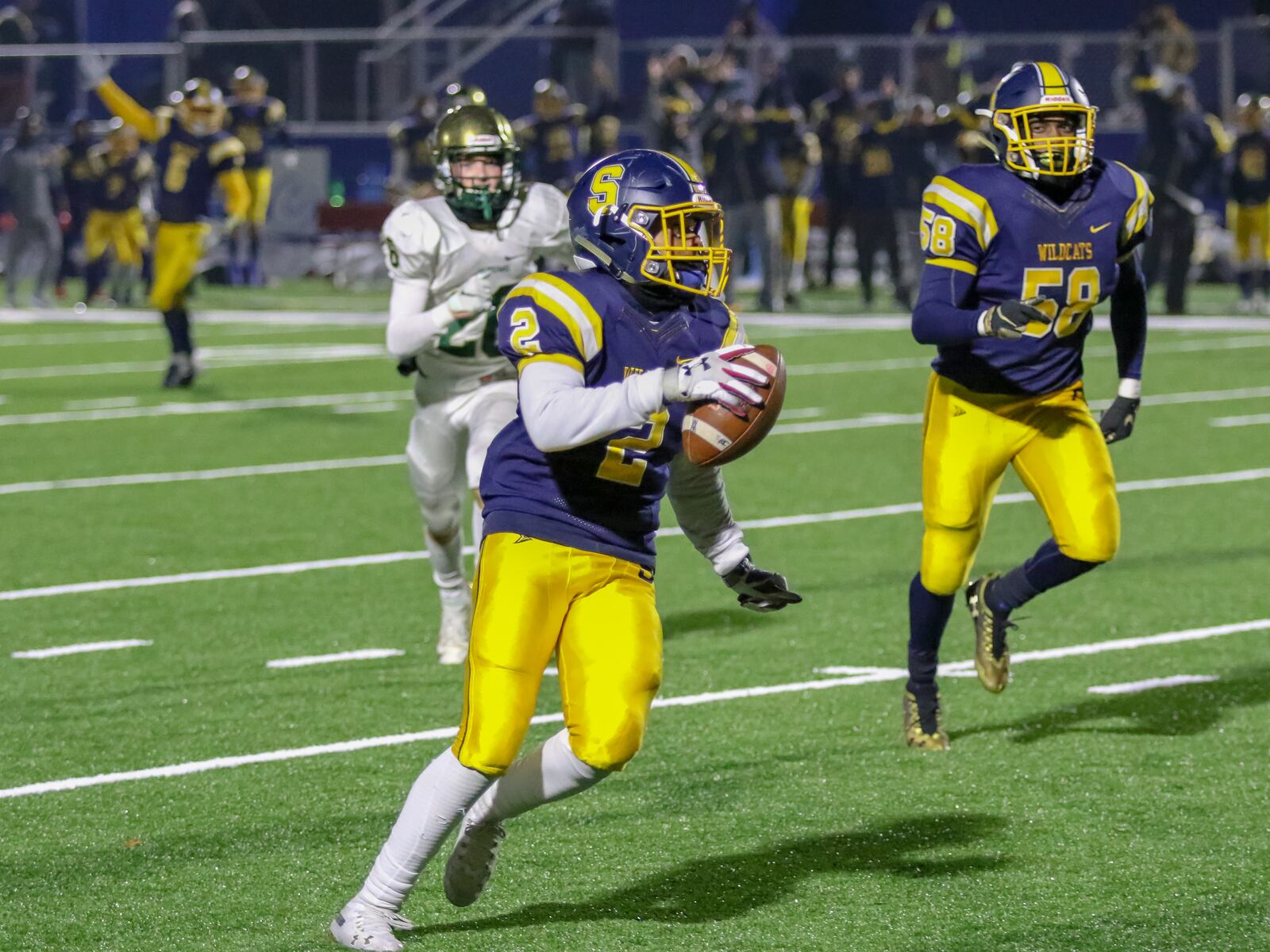 Springfield High School senior TyAren Brown returns an interception during the Wildcats 37-14 victory over Dublin Jerome in a D-I, Region 2 semifinal game at Marysville High School on Friday, Nov. 15. Brown scored on the play. CONTRIBUTED PHOTO BY MICHAEL COOPER